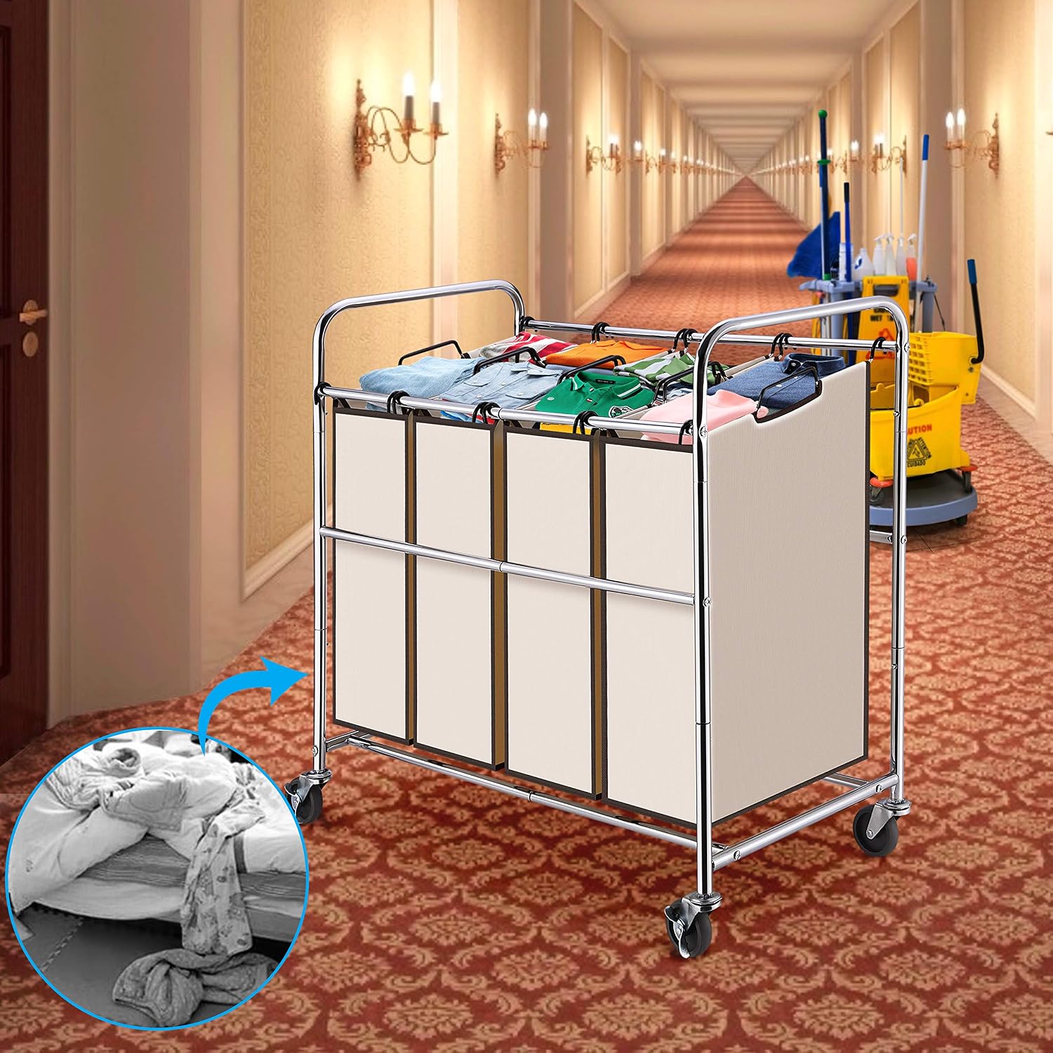 Simple Trending 4-Bag Laundry Hamper Sorter Cart with Heavy Duty Rolling Wheels and Removable Bags, Chrome