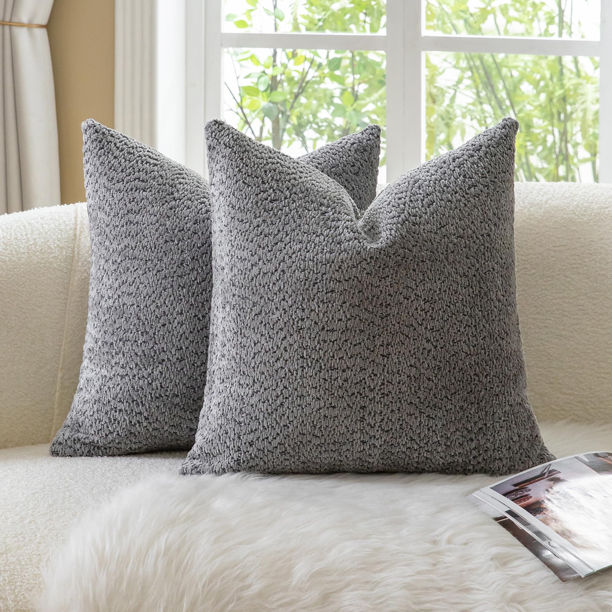 Neelvin Set of 2 Decorative Chenille Cushion Covers 24x24 Inch (60x60cm), Boucle Textured Soft Cozy Throw Pillow Covers for Couch, Living Room Sofa Bedroom Grey