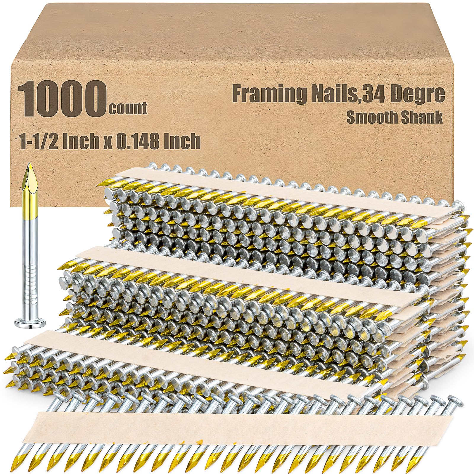 1000 Count Framing Nails Joist Hanger Nails 1-1/2 x 0.148 Inch 34 Degree Metal Connector Nails Galvanized Round Head Smooth Shank Paper Tape Collated Nails for Woodworking Project