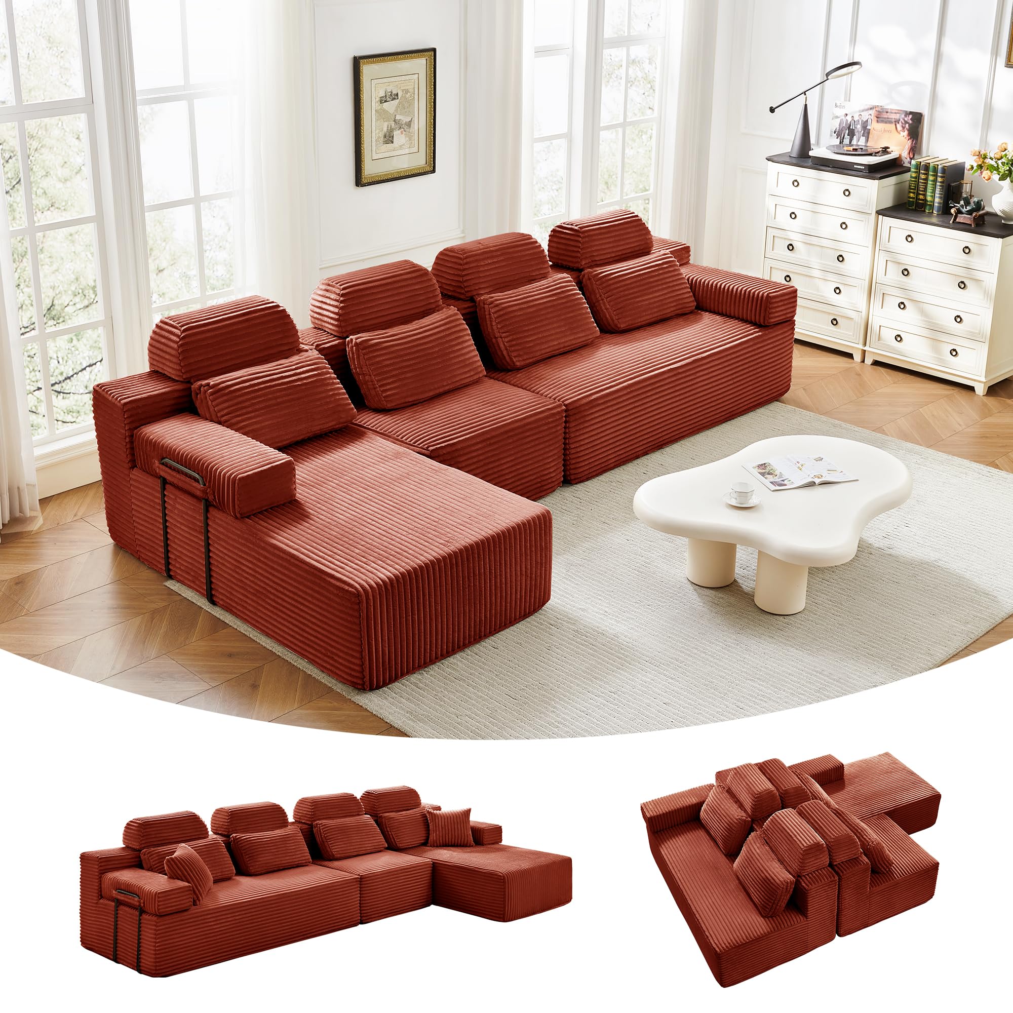 136 L Shaped Cloud Modular Sectional Sofa with Chaise Headrest Boneless Deep Seat Plush Corduroy Couches for Large