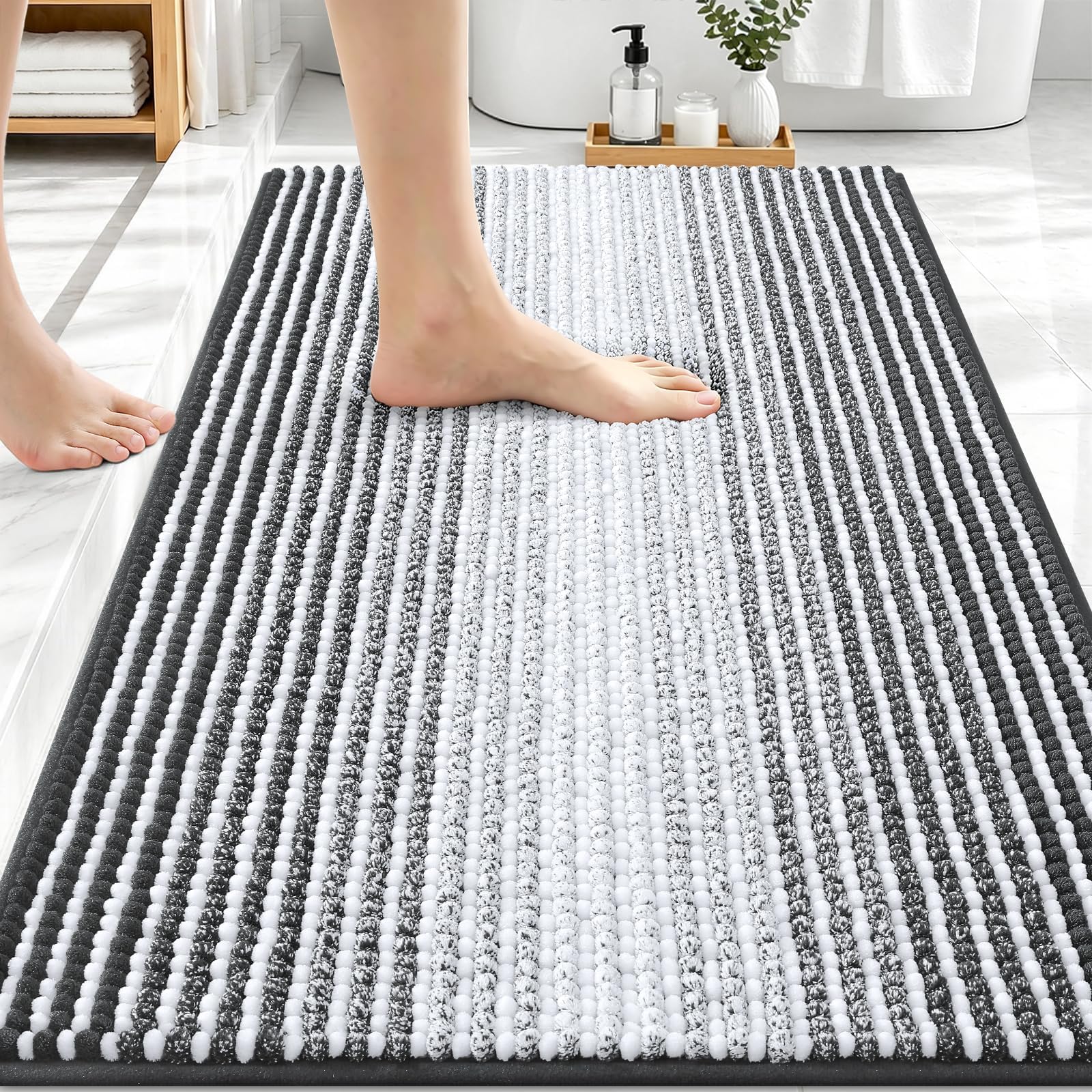 OLANLY Bathroom Rugs 34x21, Soft Chenille Striped Bath Rugs, Dark Grey