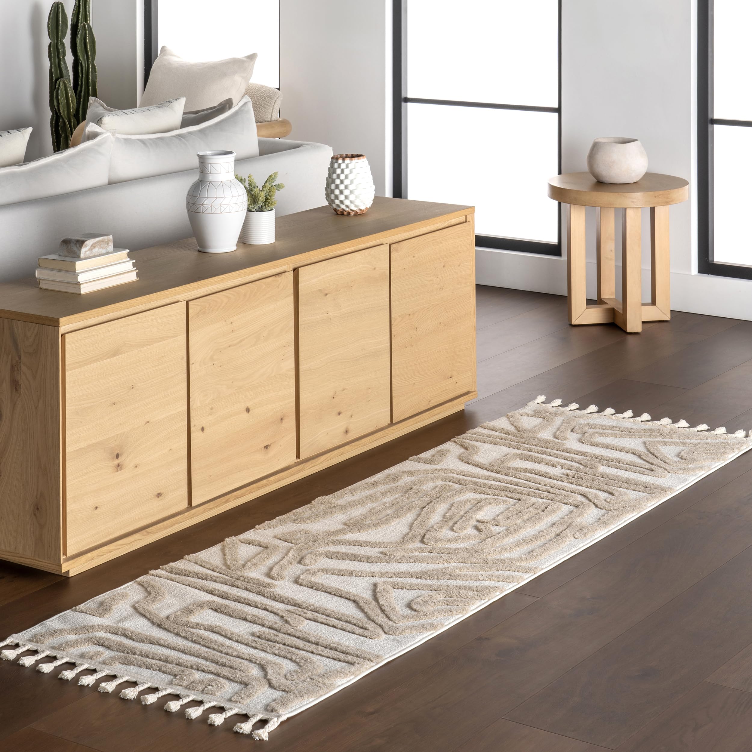Tapis de couloir abstrait ivoire et beige nuLOOM 61x243 cm pour entrée et cuisine moderne