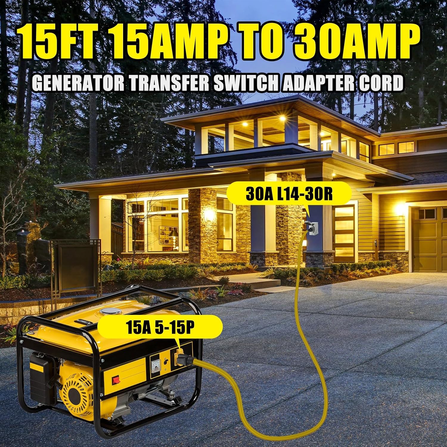 25 FT 5-15P to L14-30R Adapter Cord Generator Transfer Switch, Generator House Inlet Box Adapter, 15Amp 3Prong 5-15 Male to 30Amp 4Prong L14-30 Locking Female, 10 AWG, ETL Listed