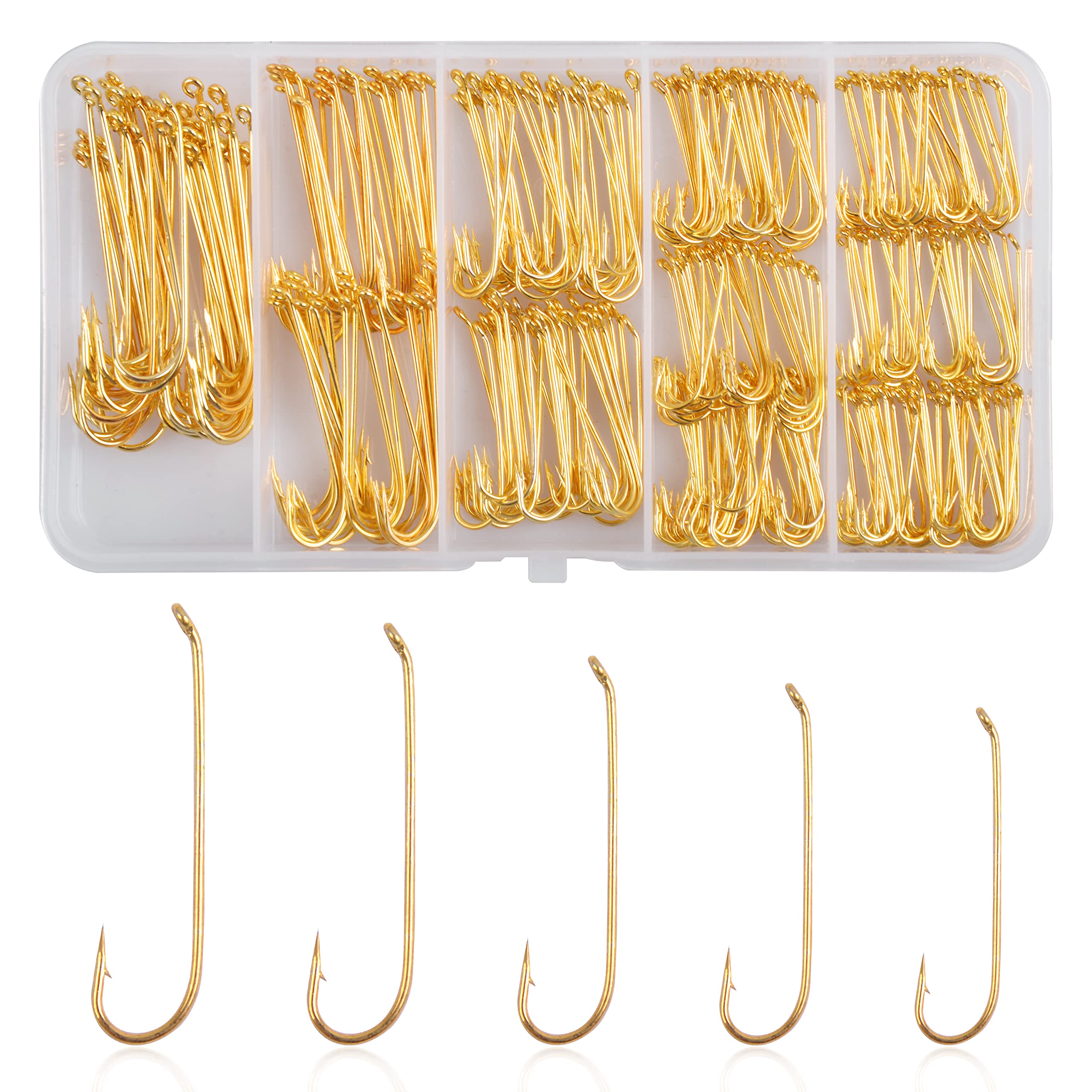 360pcs Fly Tying Hooks Long Shank Nymph Streamer Fly Hook Dry Wet Fly Fishing Hooks High Carbon Steel Round Bend Jig Hook for Trout Salmon Fishing Tackle Box, Color: Golden