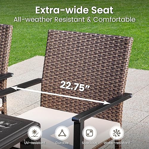 Miniatura 3 de PHI VILLA Juego de 2 sillas de mimbre para exteriores, sillones de metal cubiertos de ratán con cojín extraíble, juego de muebles resistentes para