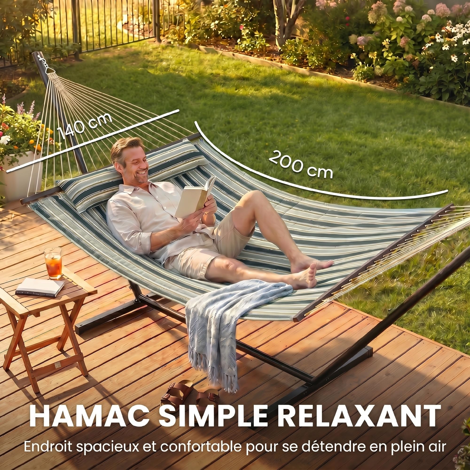 Outsunny Hamac sur Pied 353 cm, hamac avec Support Acier avec Coussin Amovible et Barres d'écartement, pour intérieur et extérieur, lit de Sieste rayé, Vert