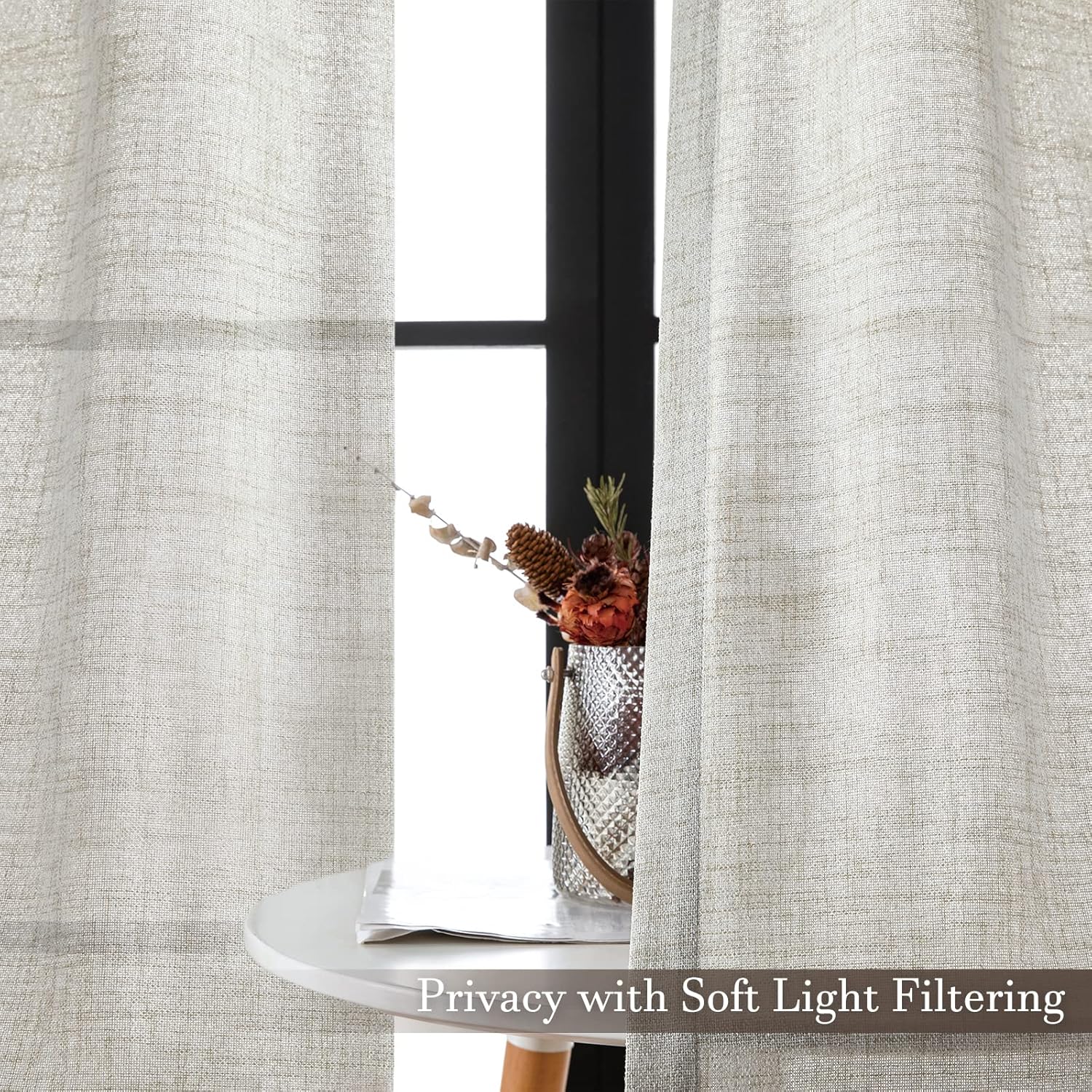 Melodieux Sheer Curtains 63 inch Length for Bedroom - Grommet Top Burlap Linen Textured Light Filtering Privacy Thick Living Room Curtains (Set of 2, 52inch x 63inch, Natural)
