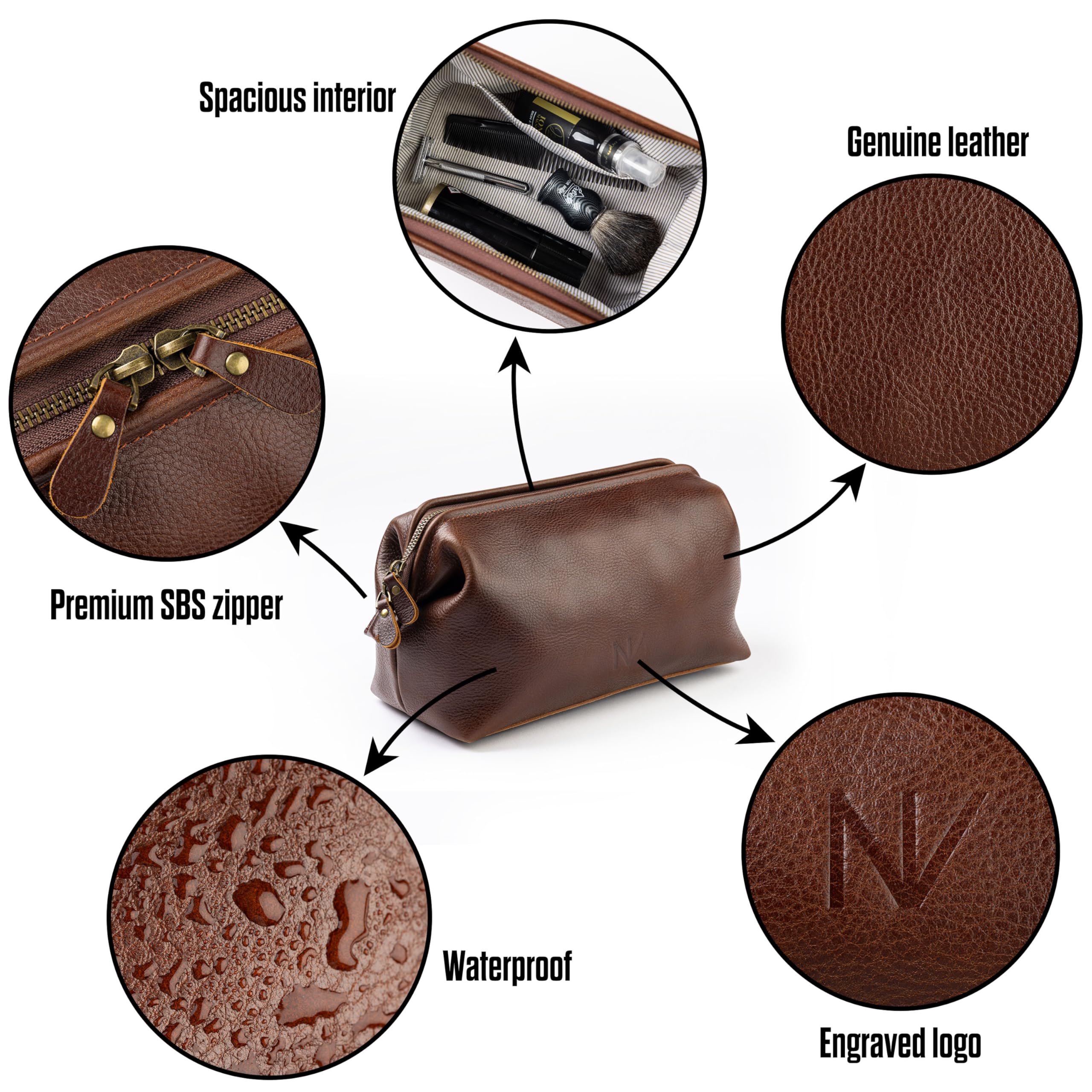NV Holder - Neceser de Piel auténtica de Primera Calidad para Hombre, el Mejor Kit de Viaje y Organizador de higiene, Hombre, Marrón, Neceser de Piel auténtica