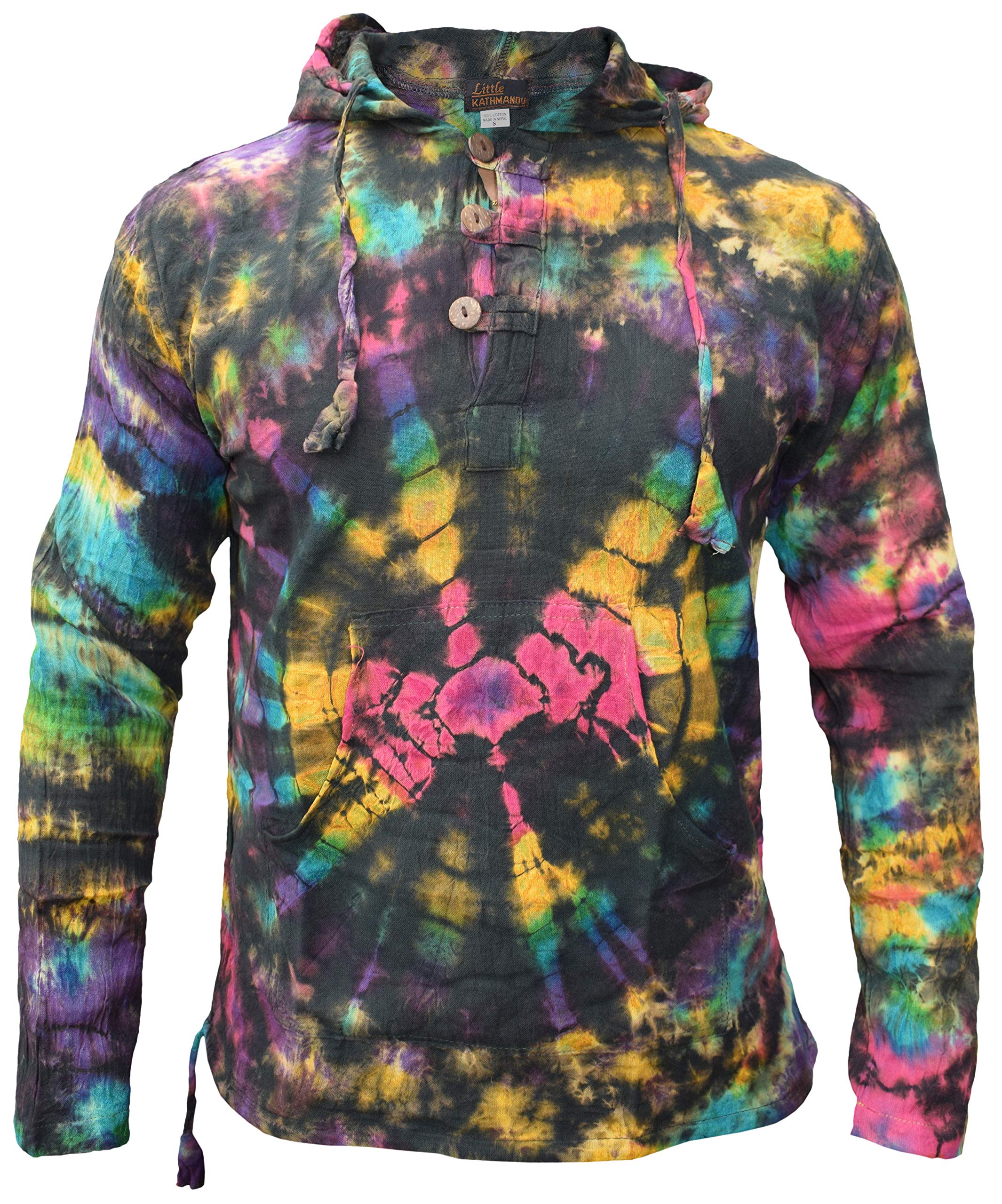 Gheri Tie Dye Cotton Light Summer Hippie Psychedelic Bohemian Grandad Hoodie Black Rainbow Medium