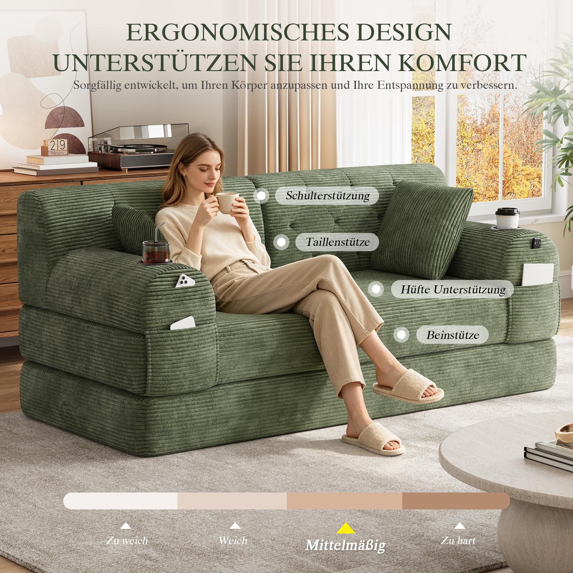 Divano Letto 2 posti con Struttura in Metallo, 2 Portabicchieri e 4 Tasche Laterali, divano Modulare Pieghevole a Compressione, divano Convertibile in Velluto a coste, Sofa Soggiorno, Verde