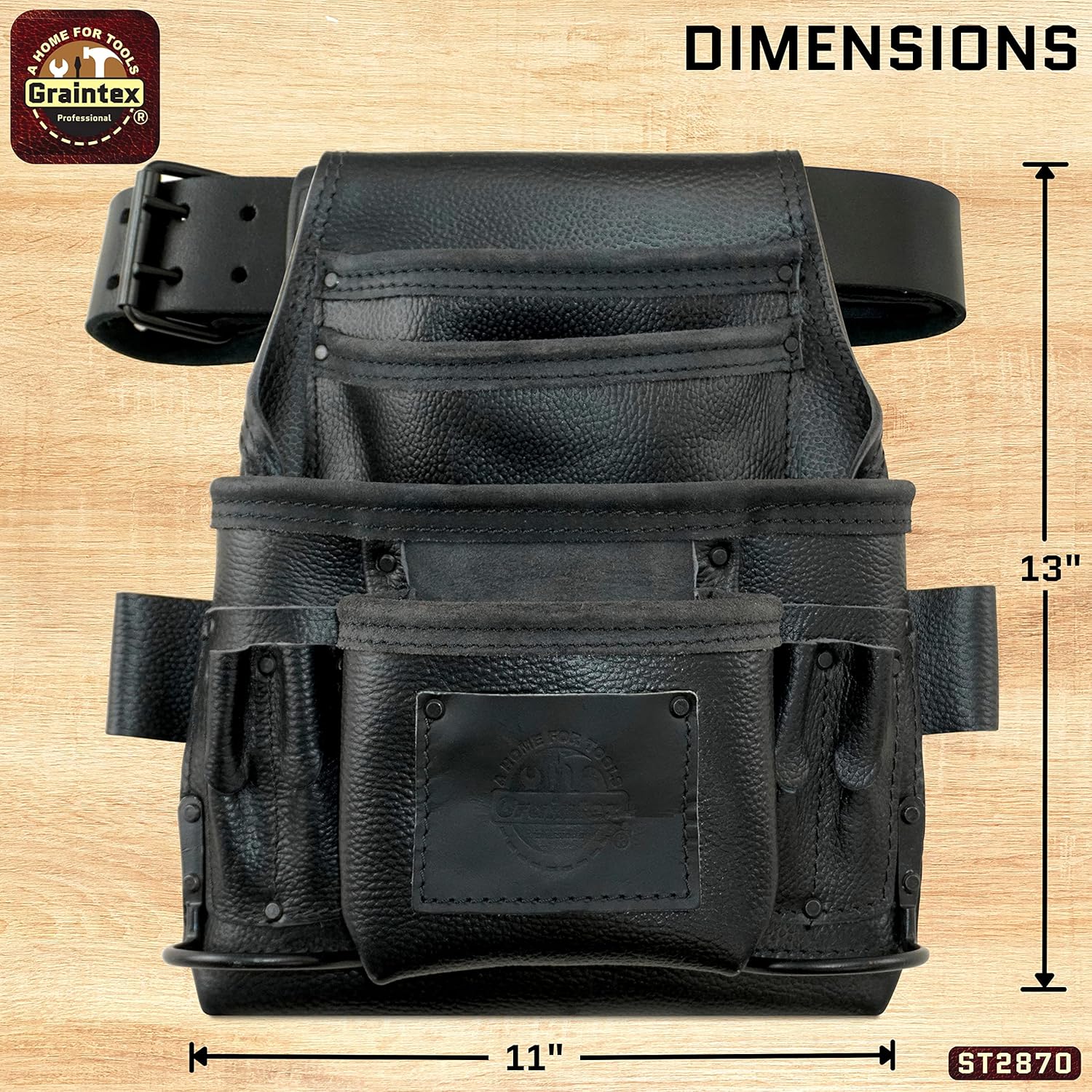 Graintex ST2870 :: 10 Pocket Nail & Tool Pouch Rugged Black Color Top Grain Leather with 2” Leather Belt for Framers, Constructors, Electricians, Plumbers, Handyman