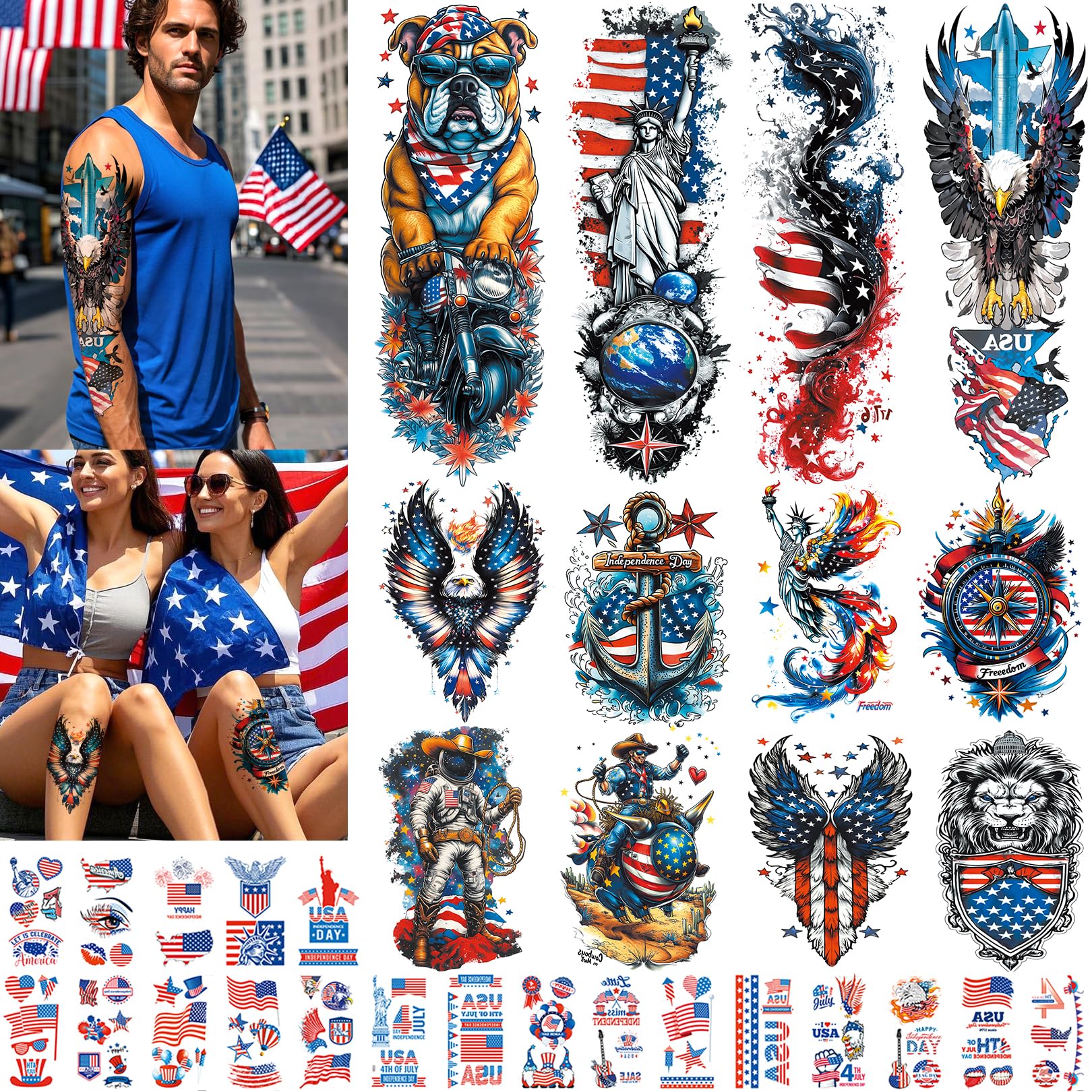 32 Sheets Independence Day Temporary Tattoos, USA Flag Patriotic Waterproof Fake Tattoos, Red White Blue Party Supplies Temp Tattoo Kits 4th of July