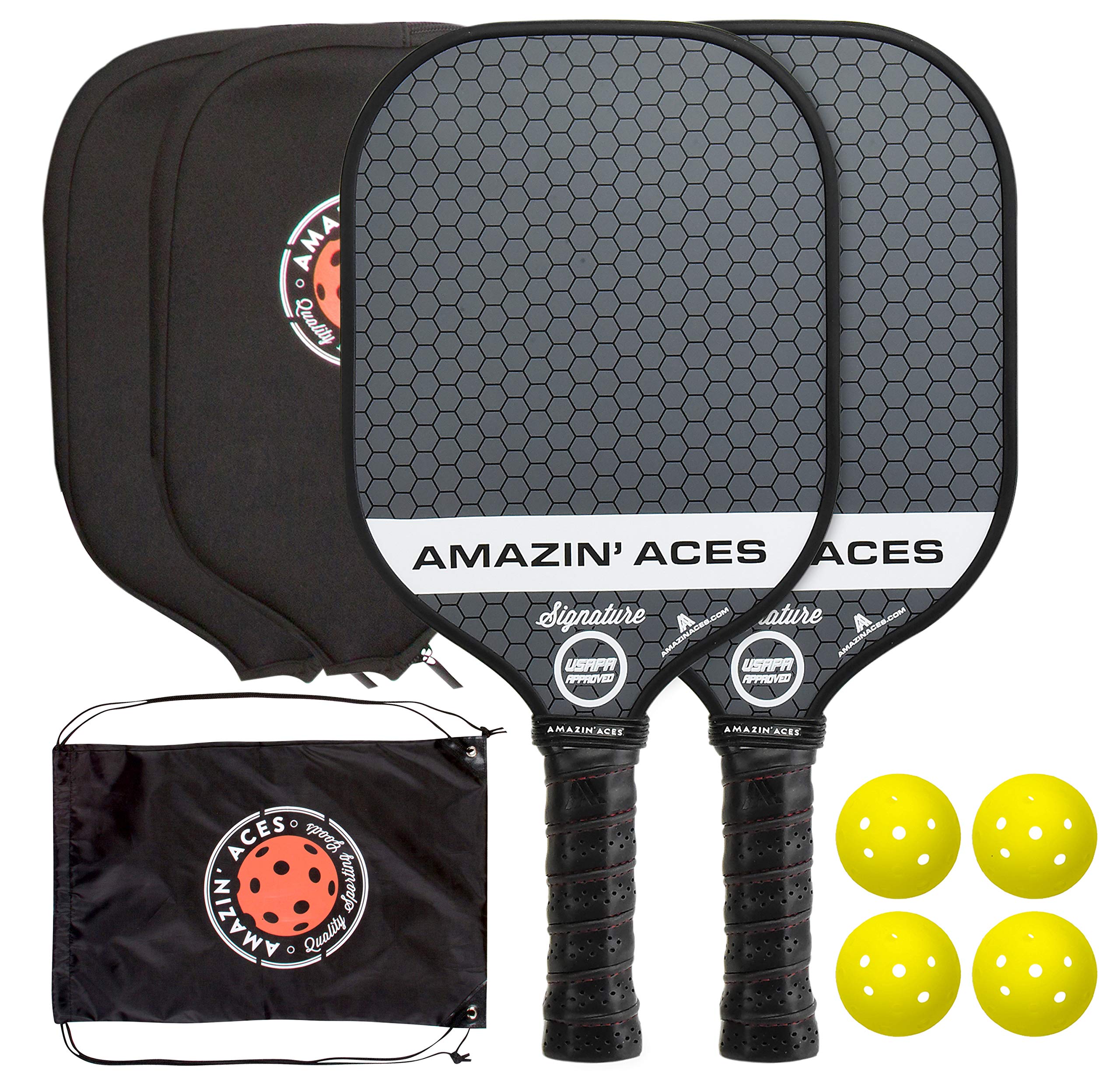 Amazin' AcesSignature Pickleball Paddles Set of 2 or 4, Pickleball Rackets w/ 4 Pickleball Outdoor Balls, 4 Pickleball Paddle Covers & 1 Pickleball Bag, for Sports & Outdoors Fun, USAPA Approved