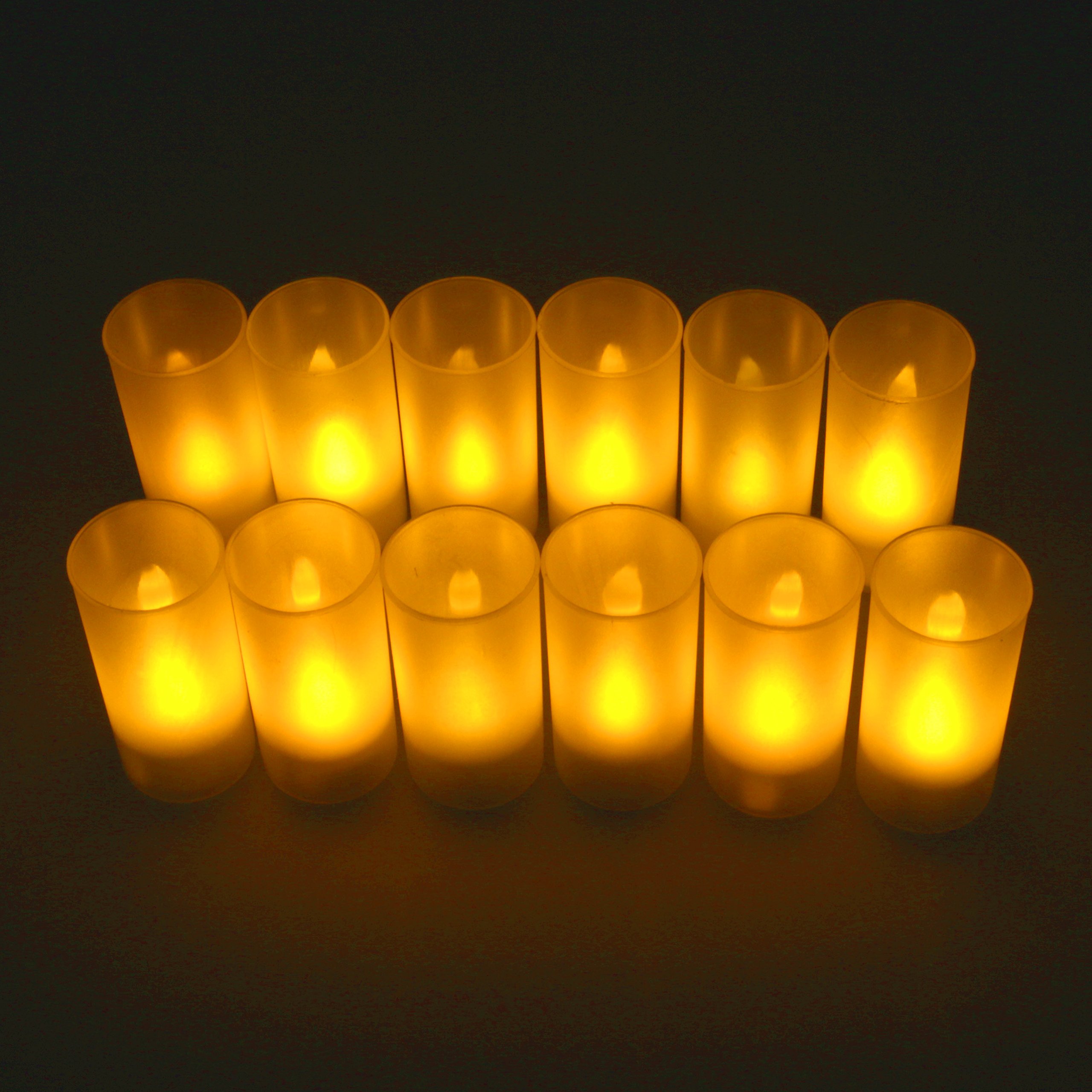 12er Set Deko Kerzen Led Teelichter gelb flackernd mit Windglas kabellos Akku aufladbar mit Ladestation Stimmungslicht
