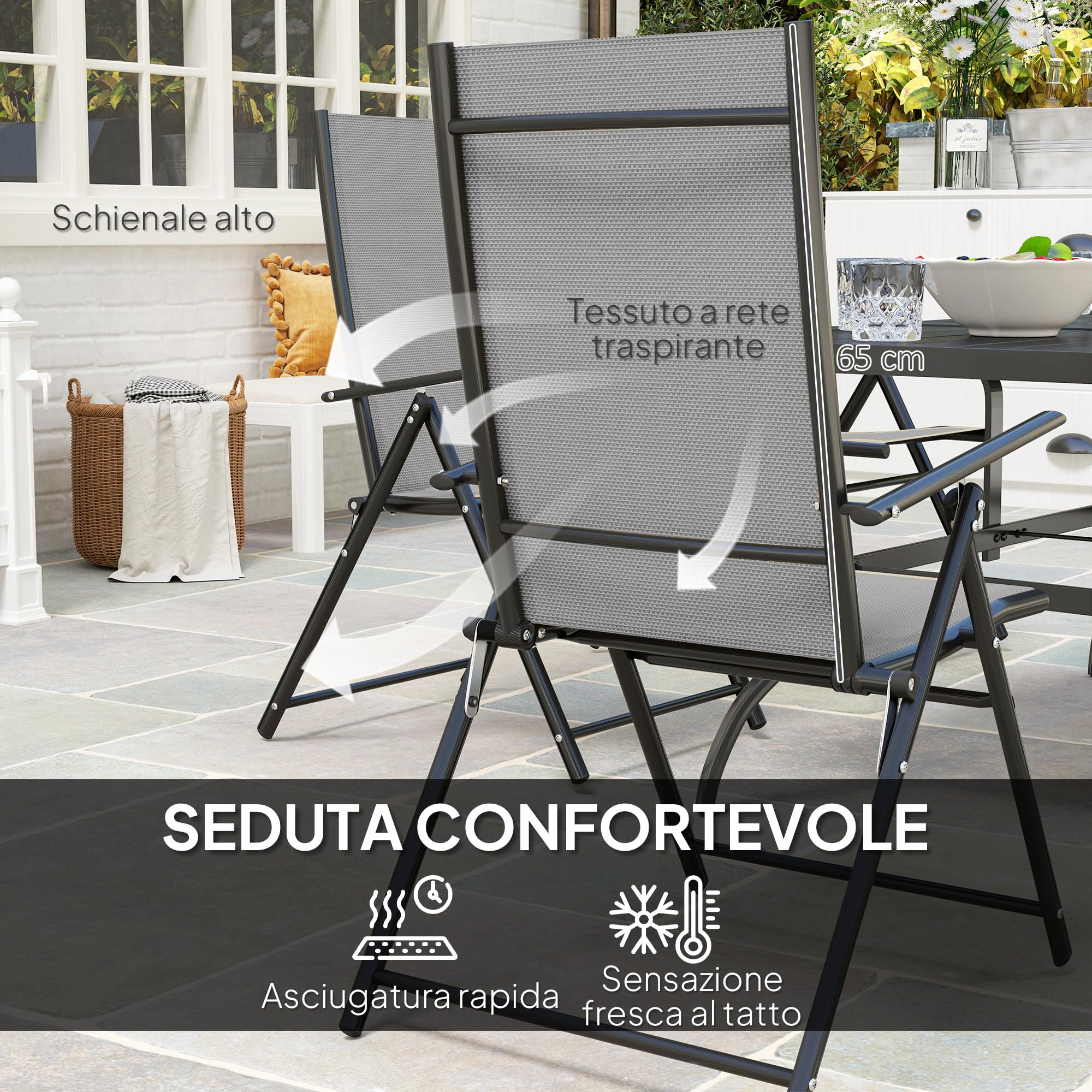 Outsunny Set Tavolo e Sedie da Giardino da 7 Pezzi Rettangolare Grigio | Tavolo da Pranzo con Foro per Ombrellone, 6 Sedie Pieghevoli da Esterno con Schienale Alto, in Acciaio