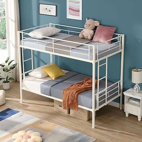 HZANHY Litera de tamaño individual sobre individual, litera de metal con 2 escaleras y barandilla de longitud completa, litera convertible con marco