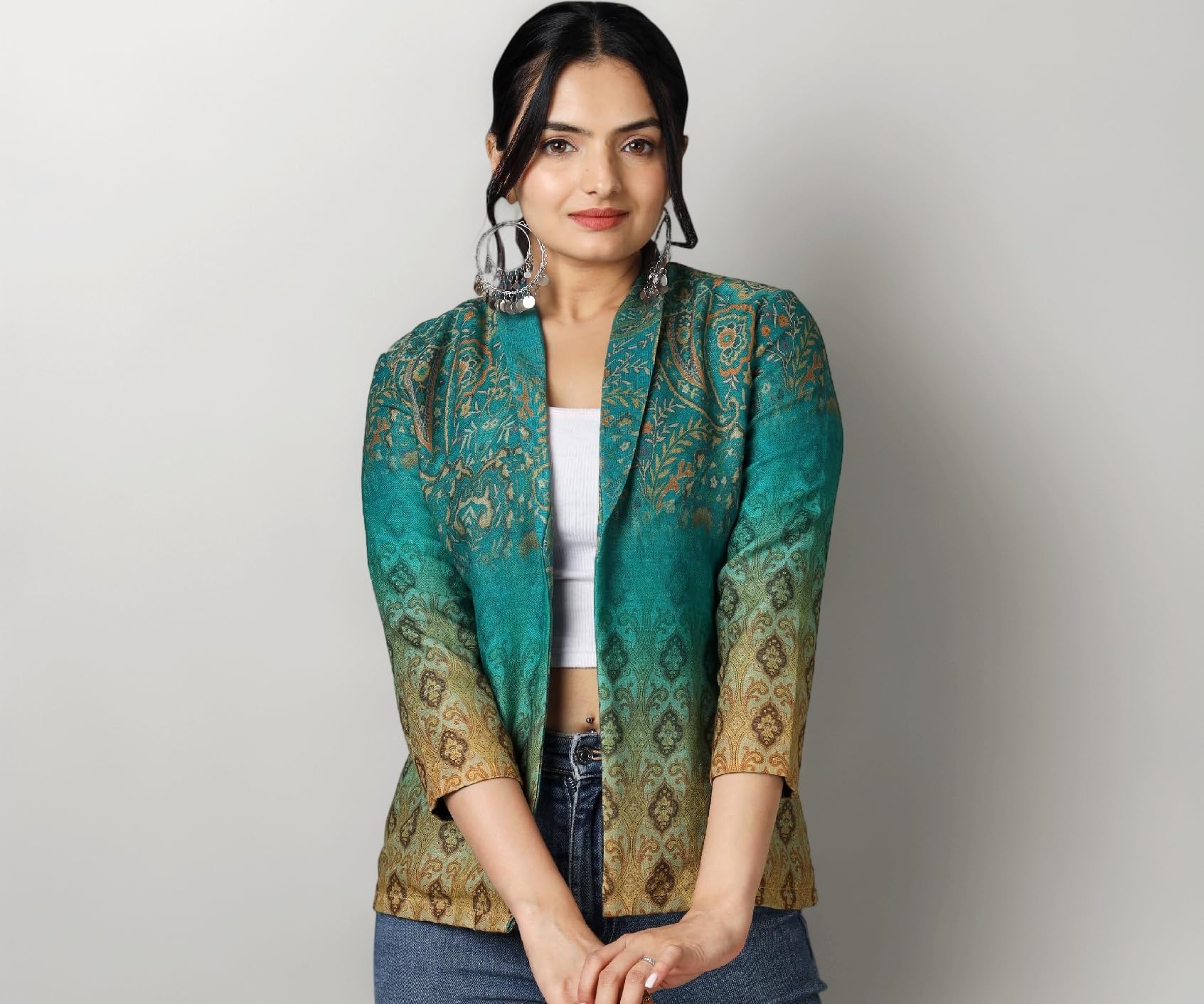 Fabcurate Cultural Charm Teal Blue Ethnic Blazer for Women | Shawl Collar with 3/4 Sleeves Pashmina Jacket for Ladies | Fashionable Casual Wear