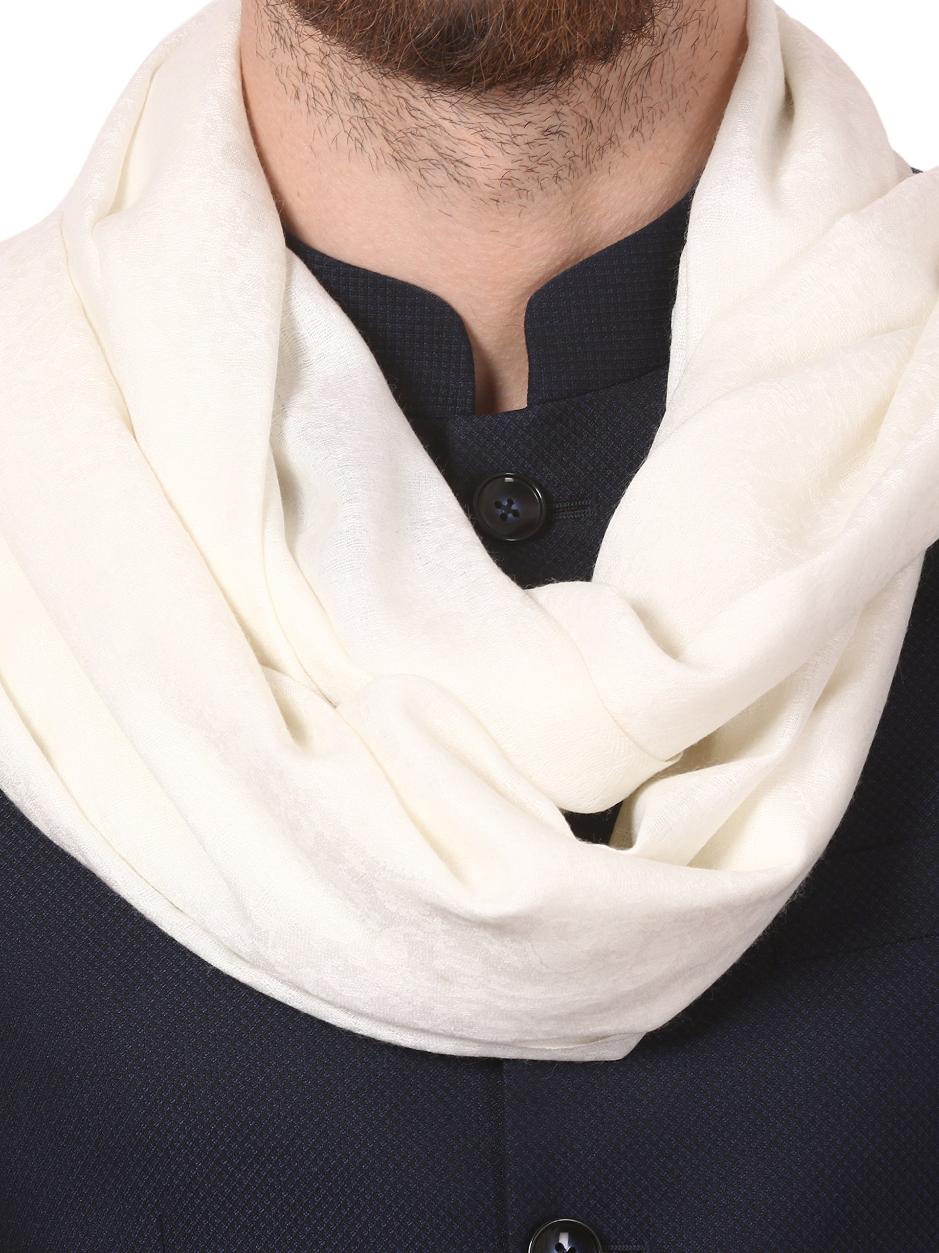 Pashtush Jaquard Weave Stole for Men, Fine Wool Stole, Light Weight, Woven Embelished Design, Mens Scarf (White) 1