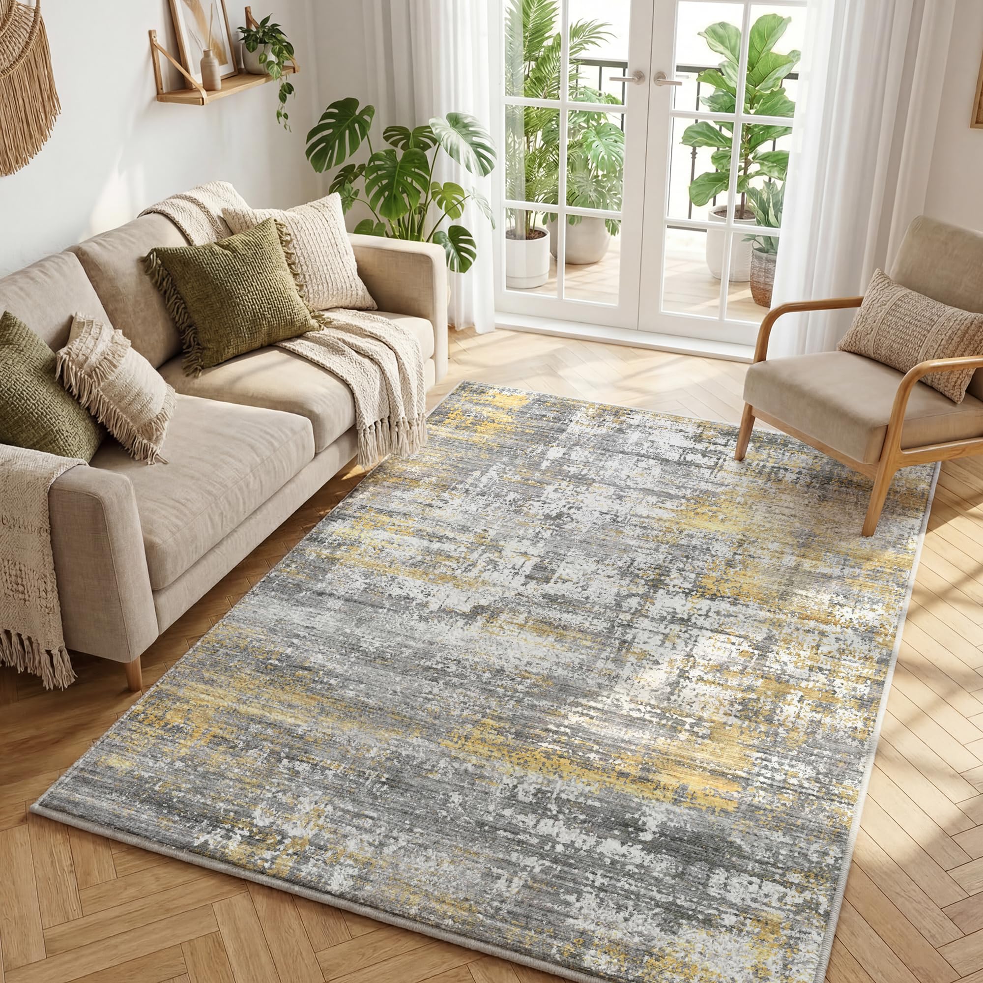 Astratto Tappeto Soggiorno 140x200 cm,0.85cm Pelo corto Tappeto,1200 g/m³ poliestere,lavabile in lavatrice,TPE antiscivolo base,per camera da letto,sala da pranzo,Camera degli ospiti,Grigio&oro