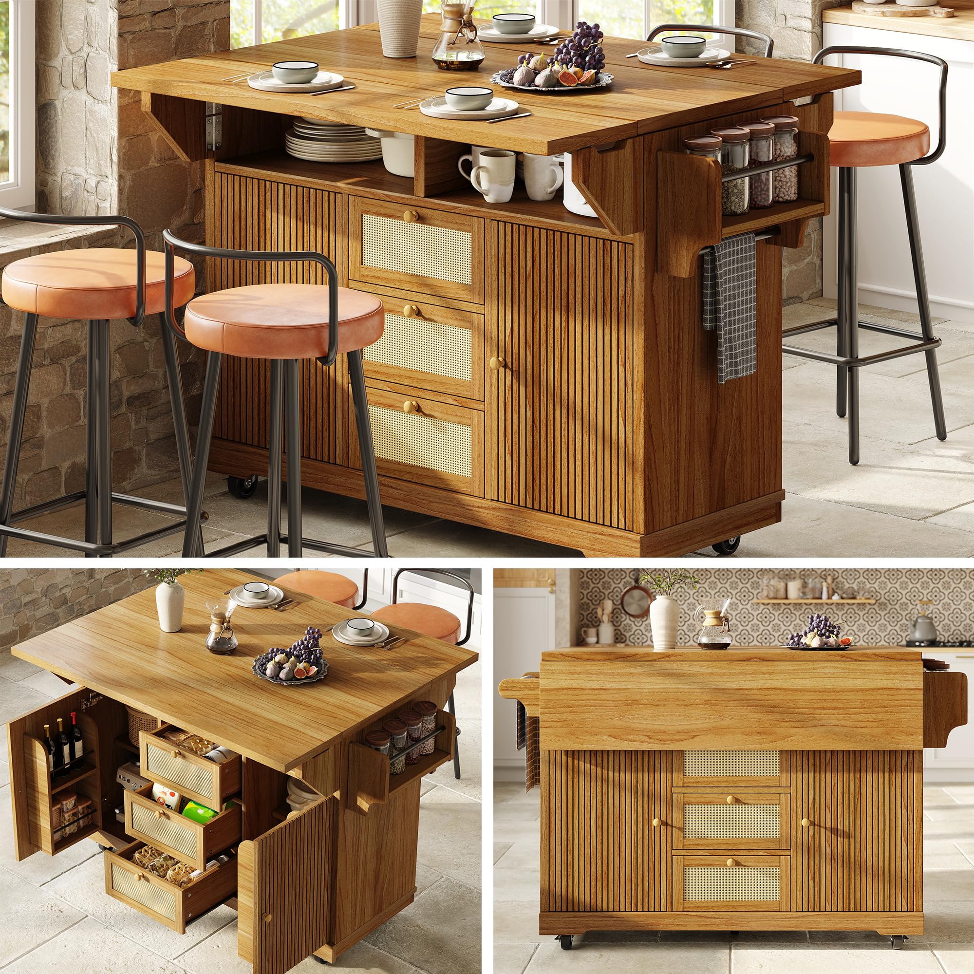 Desserte à roulettes Îlot de Cuisine 95 cm Extensible Multifonction, Plan Rabattable 3 Tiroirs, Gain de Place Cuisine Balcon Camping Appartement, Marron Foncé