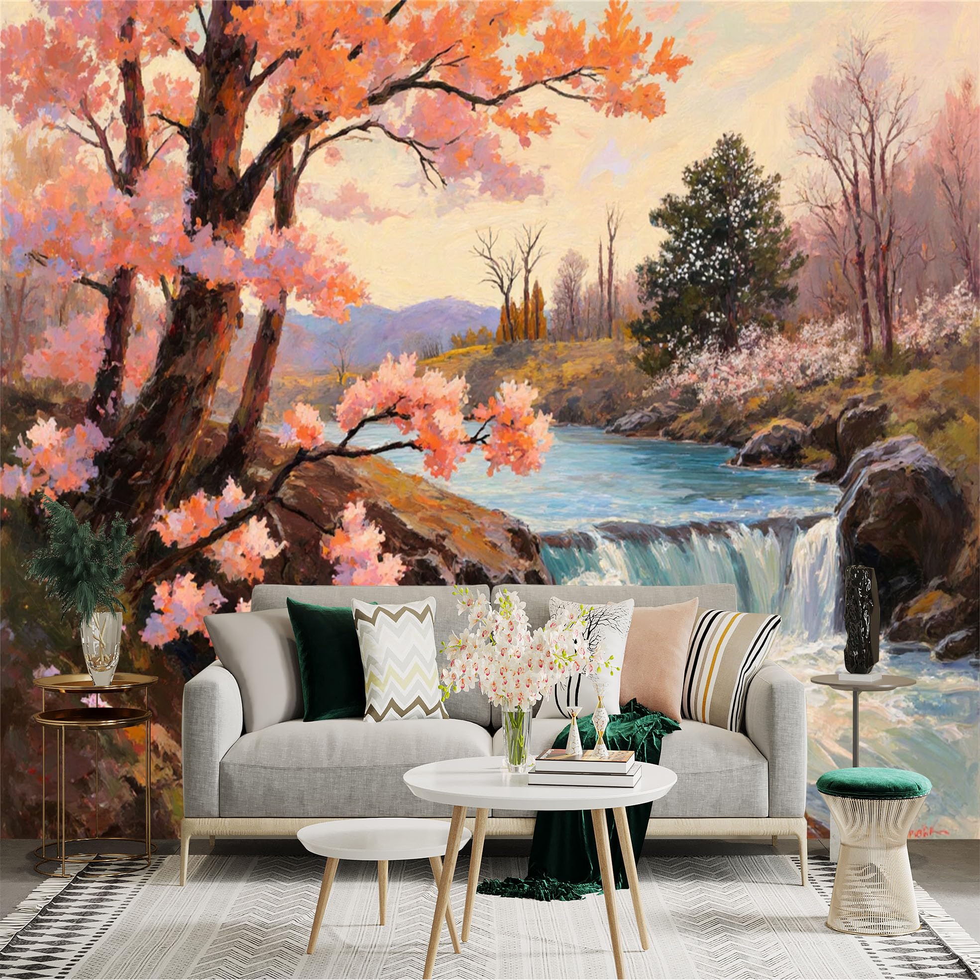 Custom Size Wall Sticker Mural， Spring Landscape with Waterfall， River and Cherry Blossom Trees， for wall Decoration， peelandstick wall Decals.