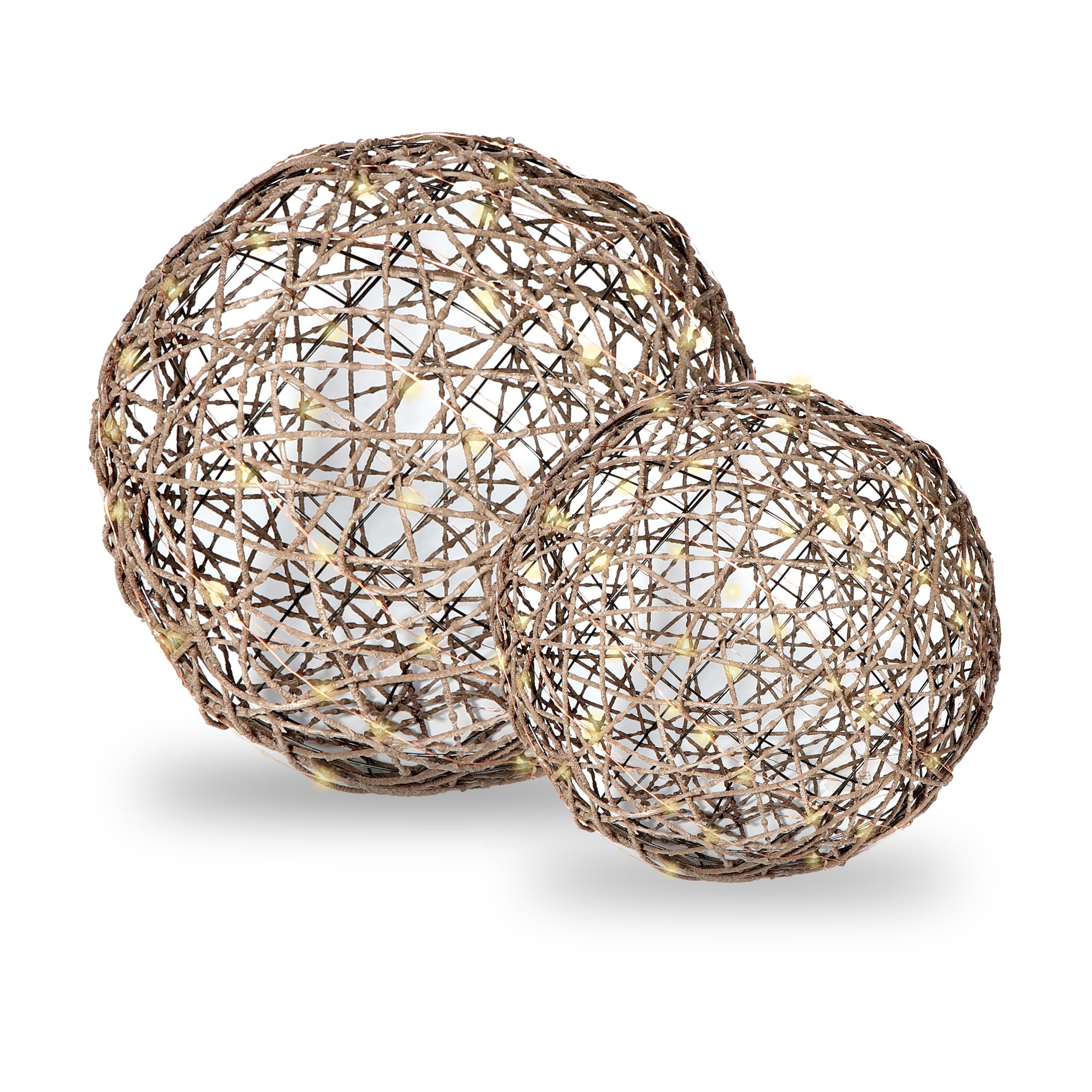 Gartenpirat Set di sfere decorative effetto rattan, Ø 30 cm e Ø 40 cm, luce bianca calda, filo di rame, con funzione timer per interni ed esterni