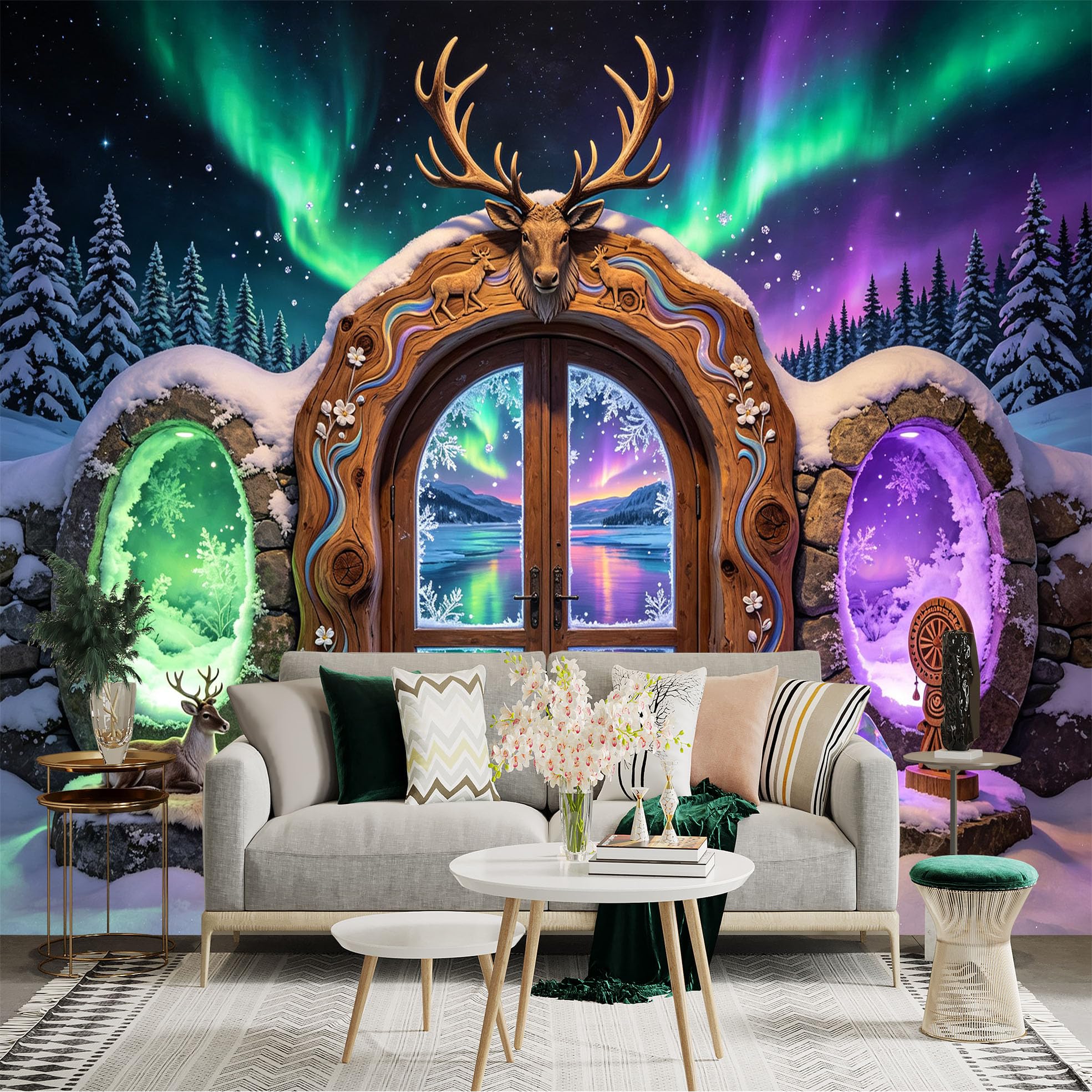 Custom Size Wall Sticker Mural， Aurora Winter Landscape with Deer and Snowy Forest， for wall Decoration， peelandstick wall Decals.