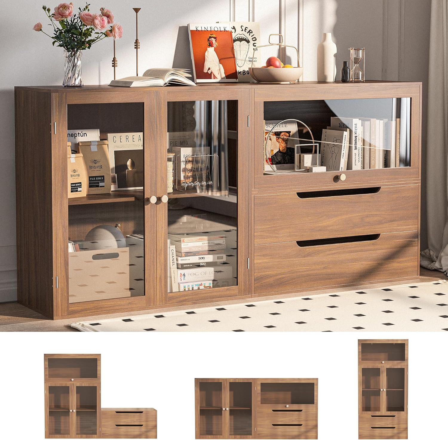 Easyego Storage Cabinet,Sideboard Buffet Cabinet with Glass Doors and Drawers,Modern Wood Coffee Bar for Kitchen, Living Room,Dining Room，Entryway (Walnut)