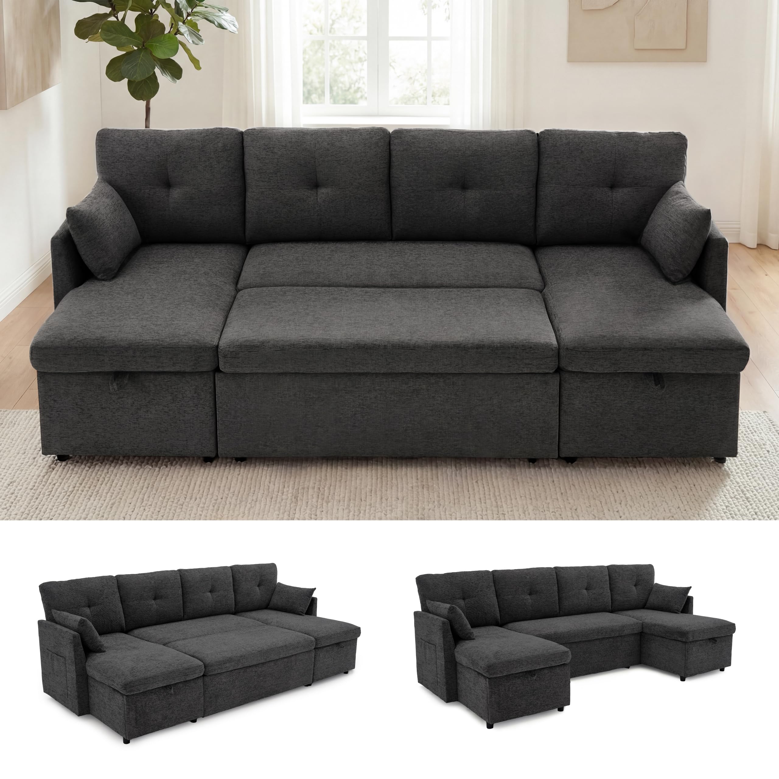 Huatean Home Oversized Sleeper Sofa Couch, 100 inch 2 in 1 Pullout Couch Bed with Side Pockets, Black