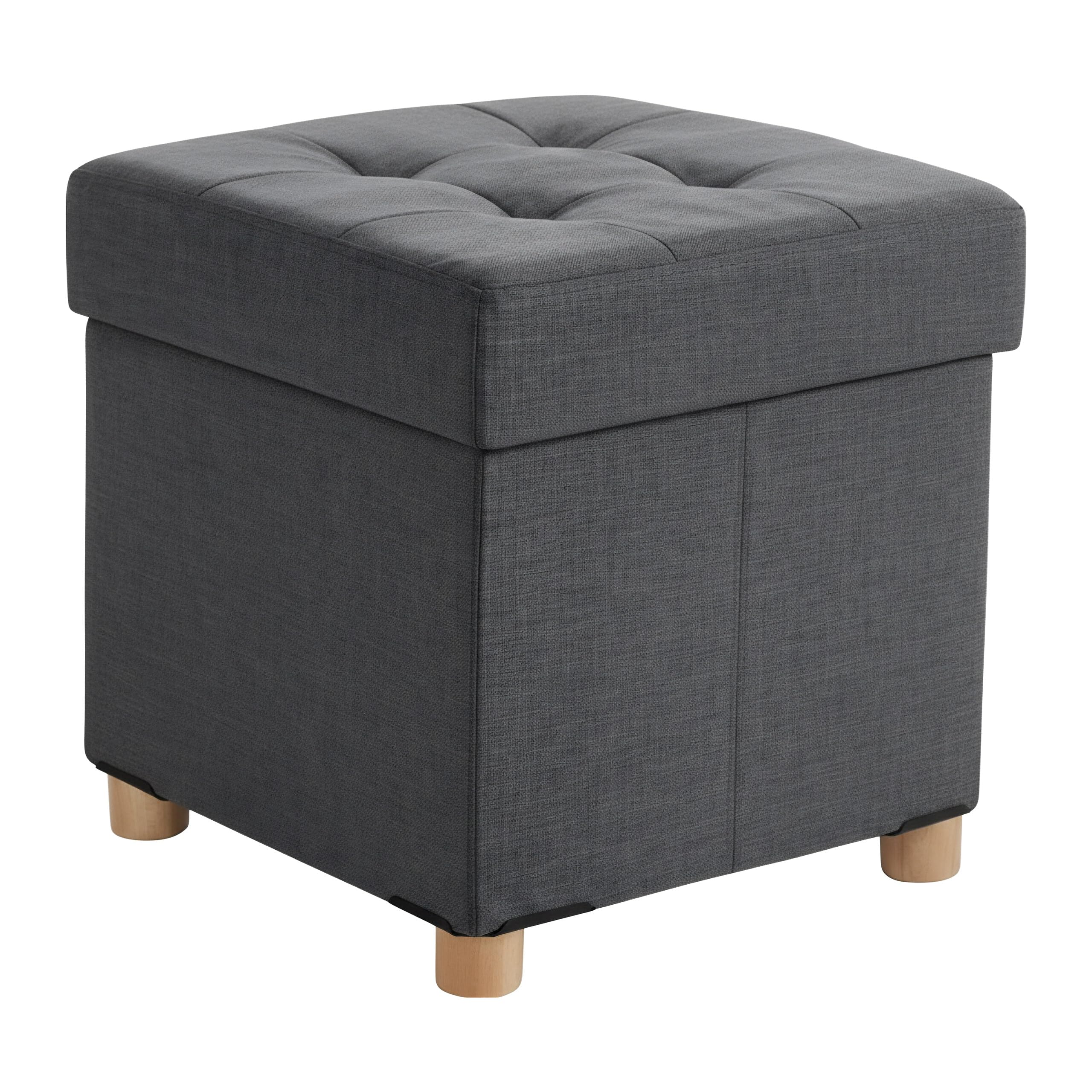 Relaxdays Taburete de Almacenamiento Acolchado 38x38x38 cm, Aspecto Lino, Patas de Madera, Gris Oscuro