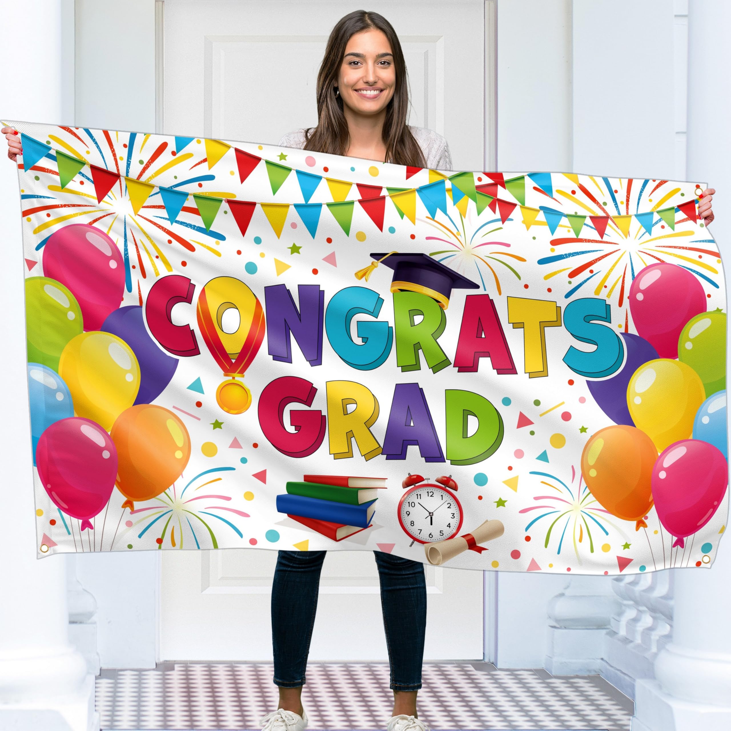 Congrats Grad Banner - Graduation Decorations 5x3ft - Congratulations Banner - Well Done - We Are So Proud of You - You Did It (White)