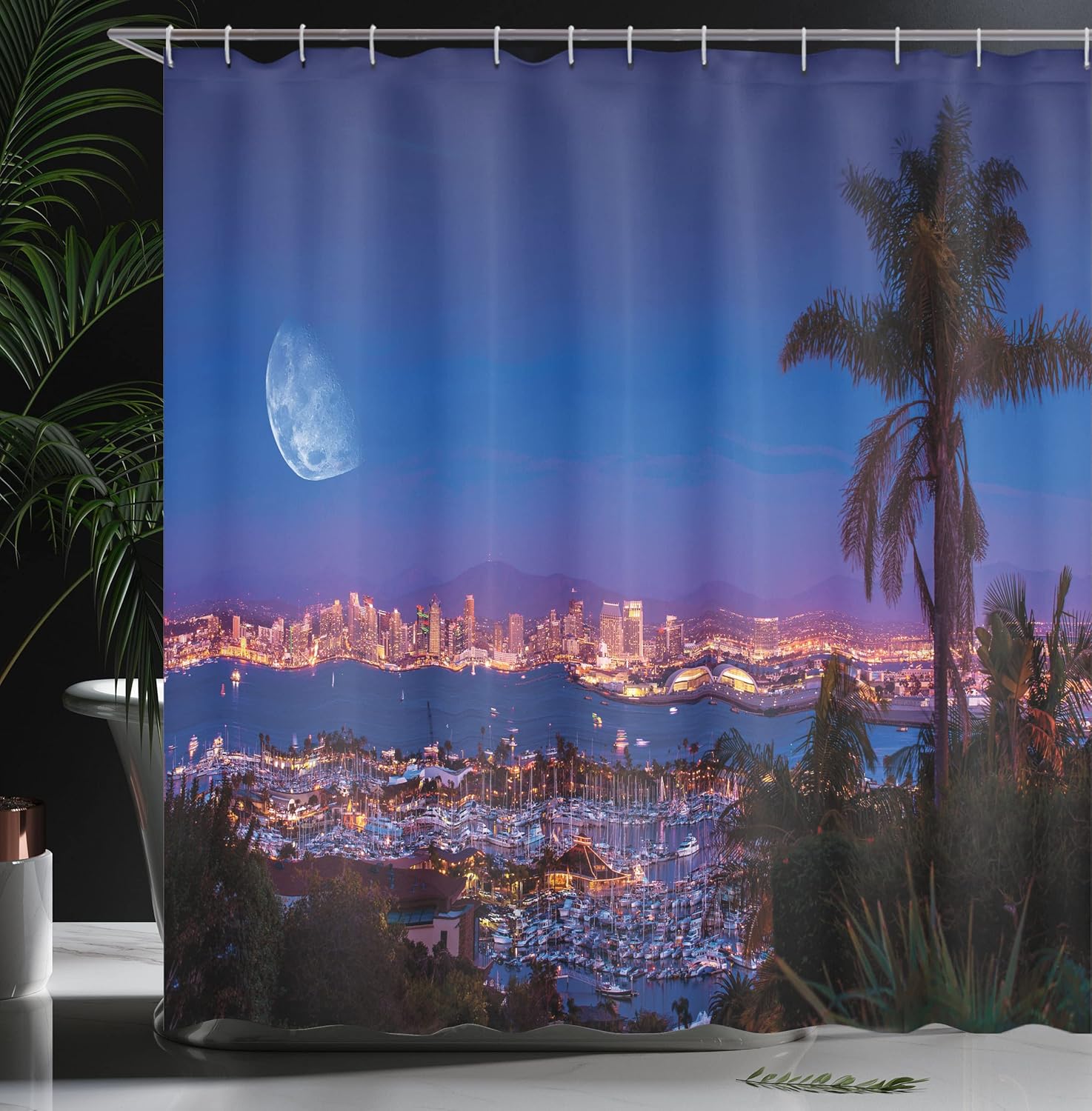 Ambesonne USA Shower Curtain, San Diego California Night with Large Moon on The Horizon Yachts Panorama, Cloth Fabric Bathroom Decor Set with Hooks, 69" W x 70" L, Navy Blue