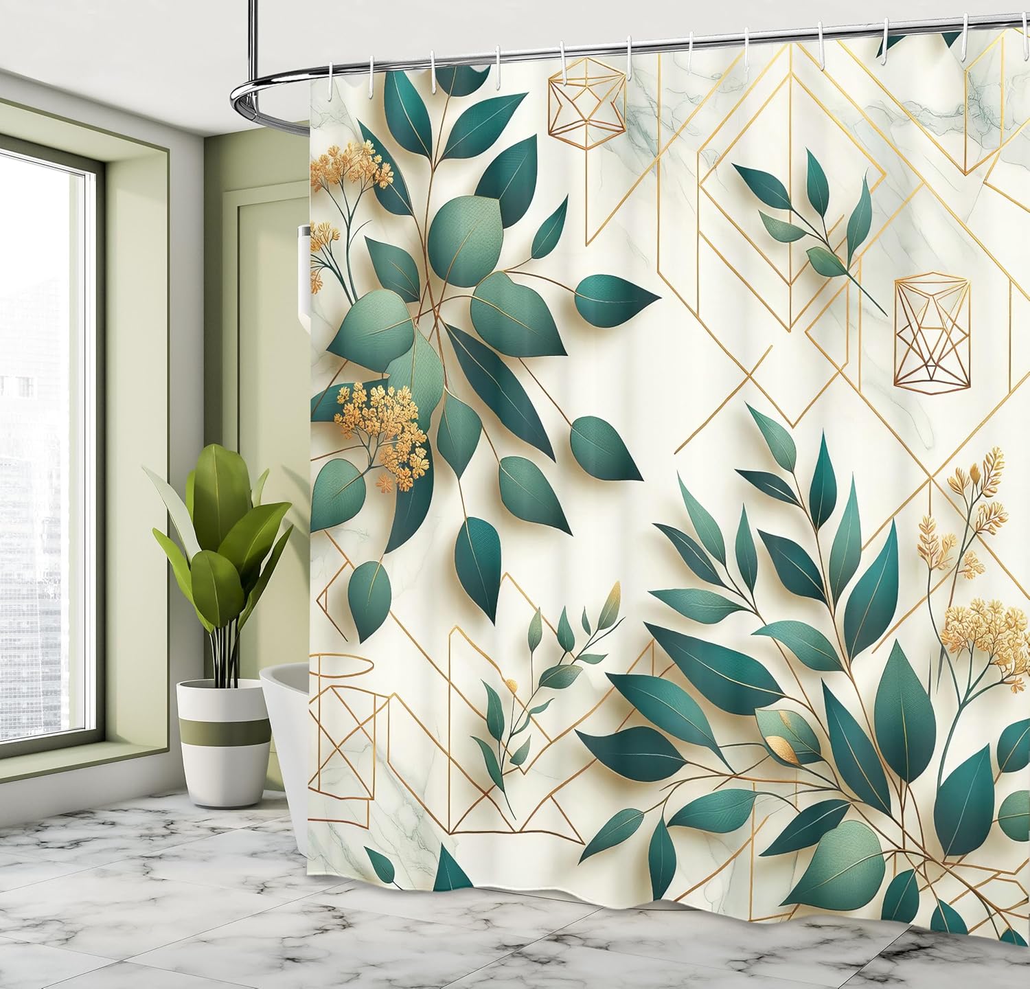 Ambesonne Eucalyptus Leaves Shower Curtain, Modern Minimal Polygonal Shapes Autumn Blooms with Leaf Art, Cloth Fabric Bathroom Decor Set with Hooks, 69" W x 84" L, Dark Teal Amber Ivory