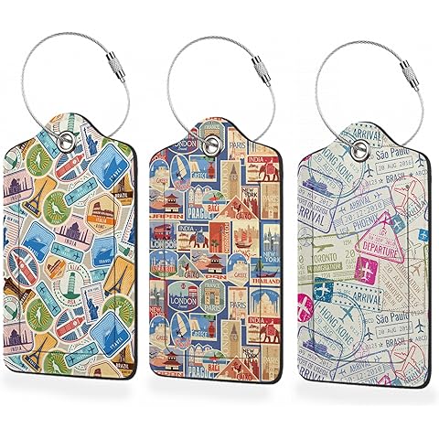 Set of 3 Luggage Tags,Travel Stamp Leather Suitcases Tag Identifiers with Privacy N...