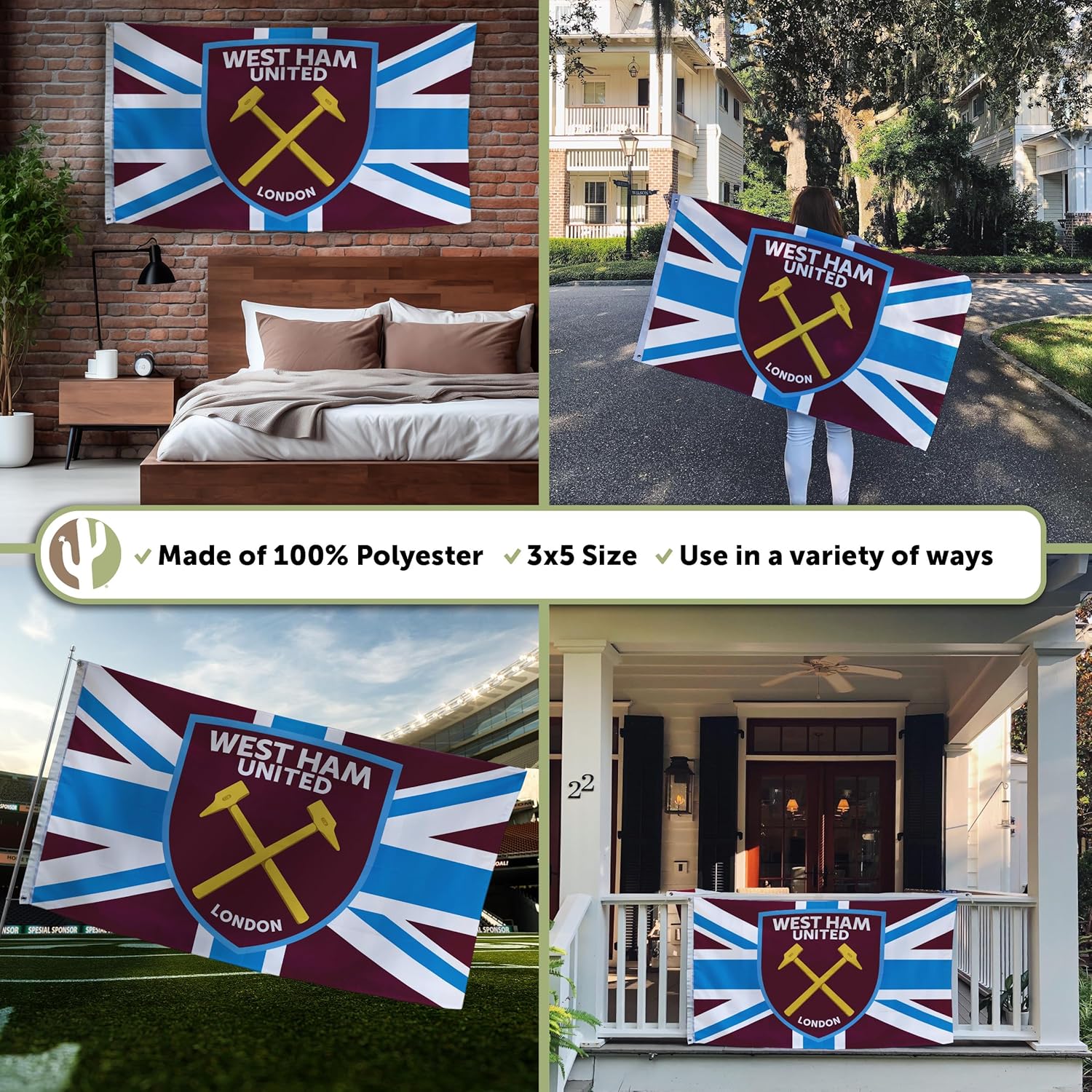 Desert Cactus West Ham United Flag Hammers Football Soccer 100% Polyester Indoor Outdoor 3x5 feet Banner (Flag E) - Image 3