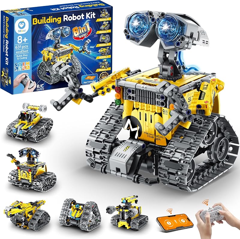Kit de Construcción de Robots Sillbird con APP y Regalos de Control Remoto para Niños 8-13 | Juguetes Robóticos de Codificación STEM, Regalos de Cumpleaños Educativos para Niños, Modelos 6 en 1 construibles controlados por App, 631 Piezas