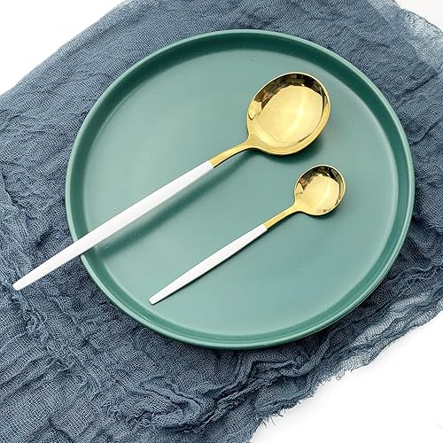 Miniatura 7 de Juego de cubiertos dorados con mango blanco, 24 piezas de acero inoxidable brillante, cubiertos para 6, aptos para lavavajillas