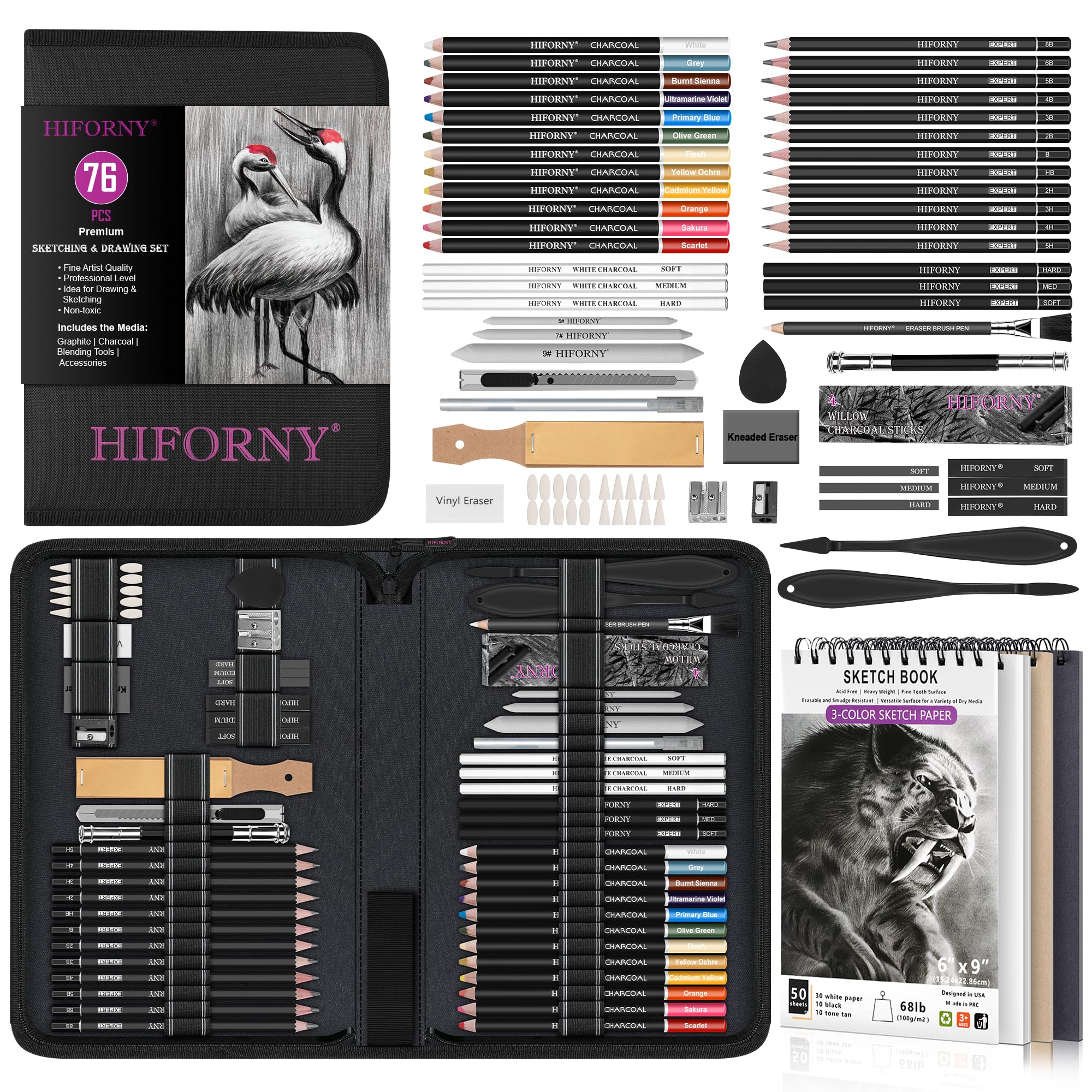 Potloden set voor tekenen en schetsen - grafiet en houtskool