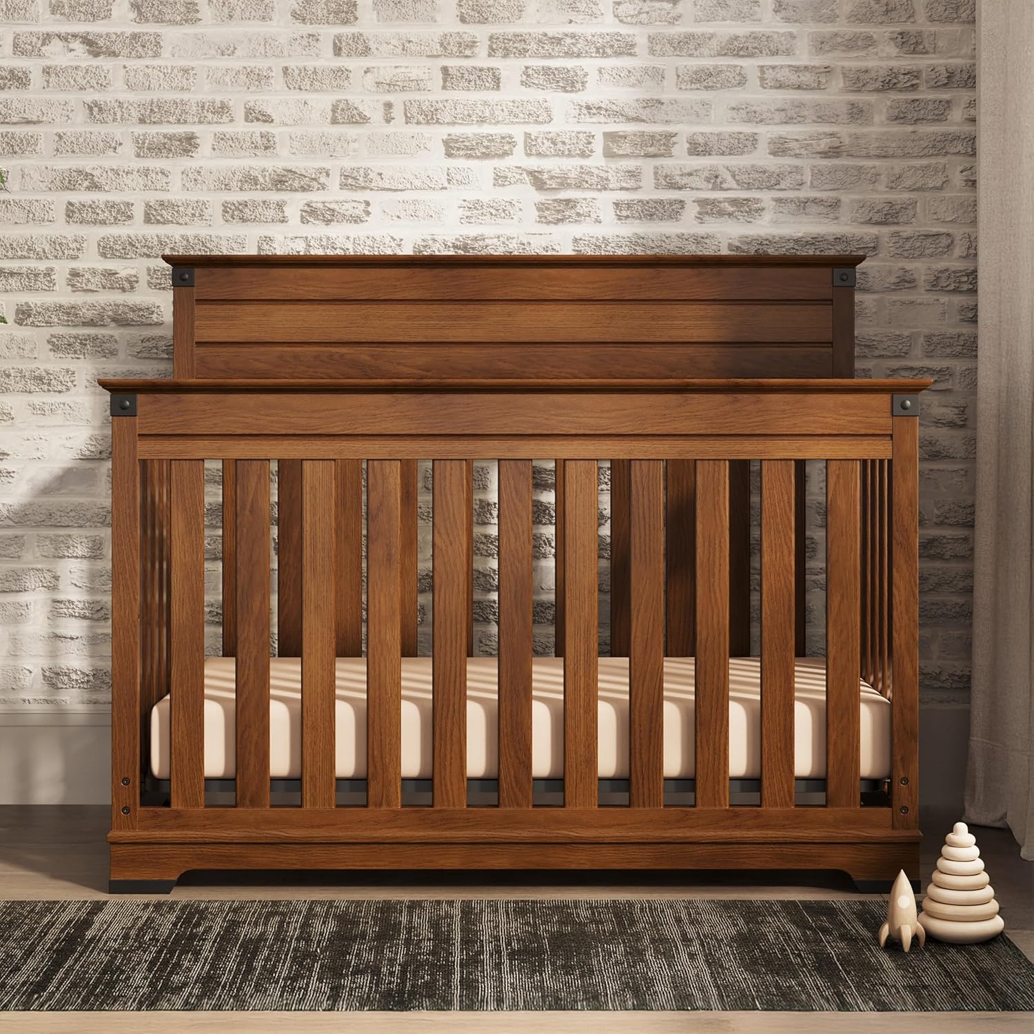 Child Craft Redmond Design 4-in-1 Convertible Baby Crib Nursery Furniture Set - Baby Bed, Dresser, Changing Table Topper and Chest Drawer for Babies, Toddlers and Kids (4 Piece - Coach Cherry)