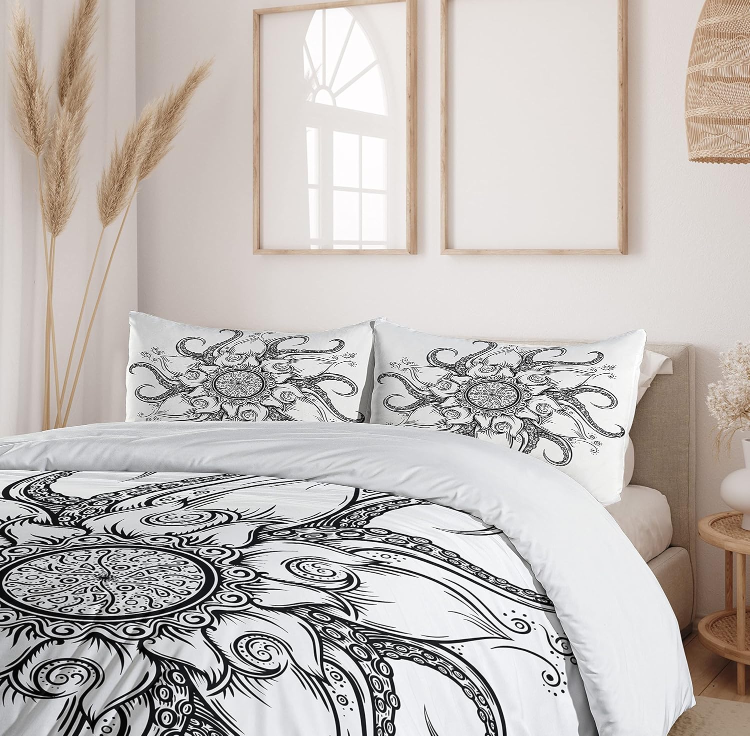 Ambesonne Octopus Duvet Cover Set, Sea Mandala Floral Ocean Animal with Tribal Leaves Hand Drawn Art, Decorative 3 Piece Bedding Set with 2 Pillow Shams, Queen Size, Black King Black