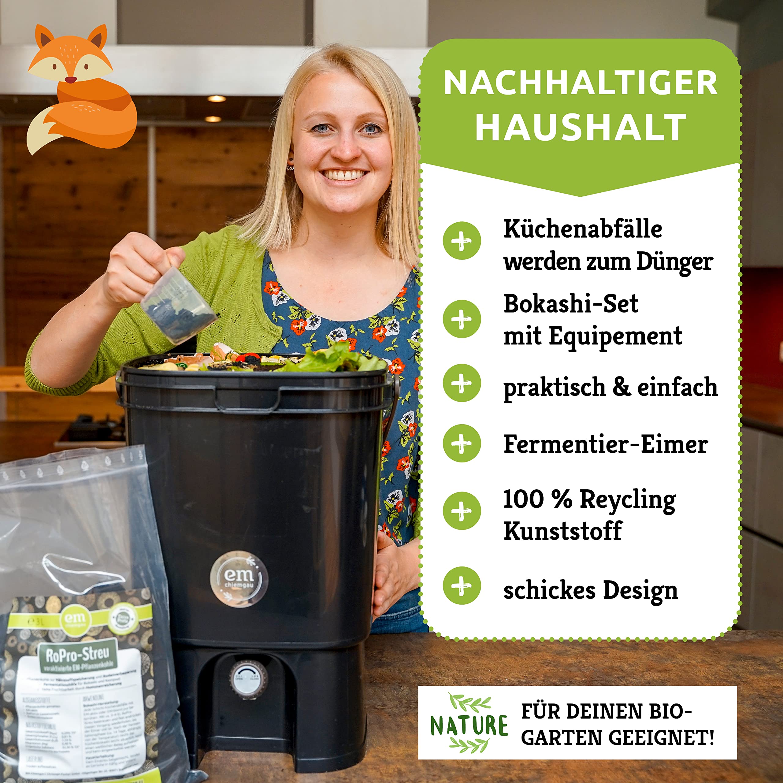 FairFox Bokashi Komposteimer Küche Set [Geruchsdicht] Küchenabfalleimer, Komposter mit Zubehör 1 L EM + 1 Kg Pflanzenkohle + Anleitung für Küchenabfall & Kompostieren