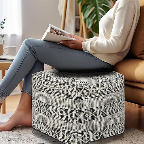 Miniatura 25 de COTTON CRAFT Puf Dhurrie tejido a mano a rayas, taburete otomano, puf otomano – Dormitorio dormitorio decoración del hogar – Puf bohemio moderno