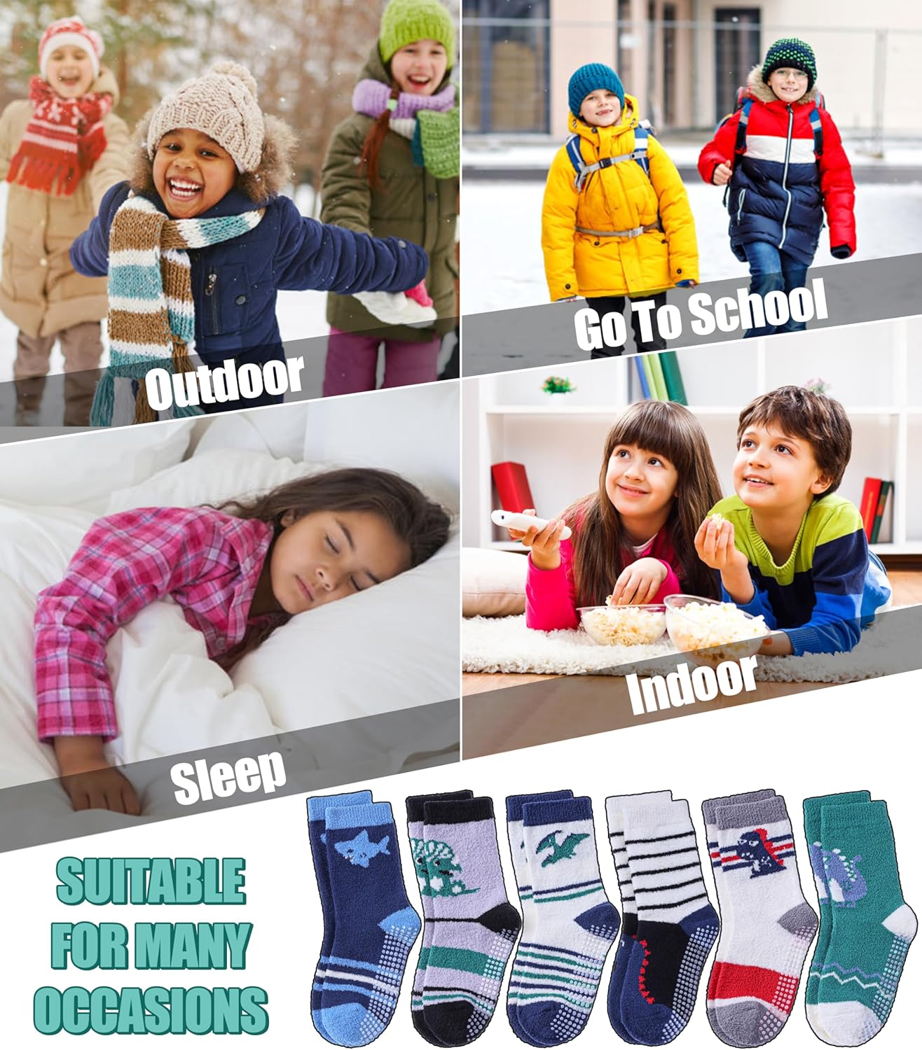LINEMIN Kids Boys Toddlers Fuzzy Socks with Grips Cute Fun Animal Cozy Fluffy Winter Warm Non Slip Crew Socks 6 Pairs - Image 7