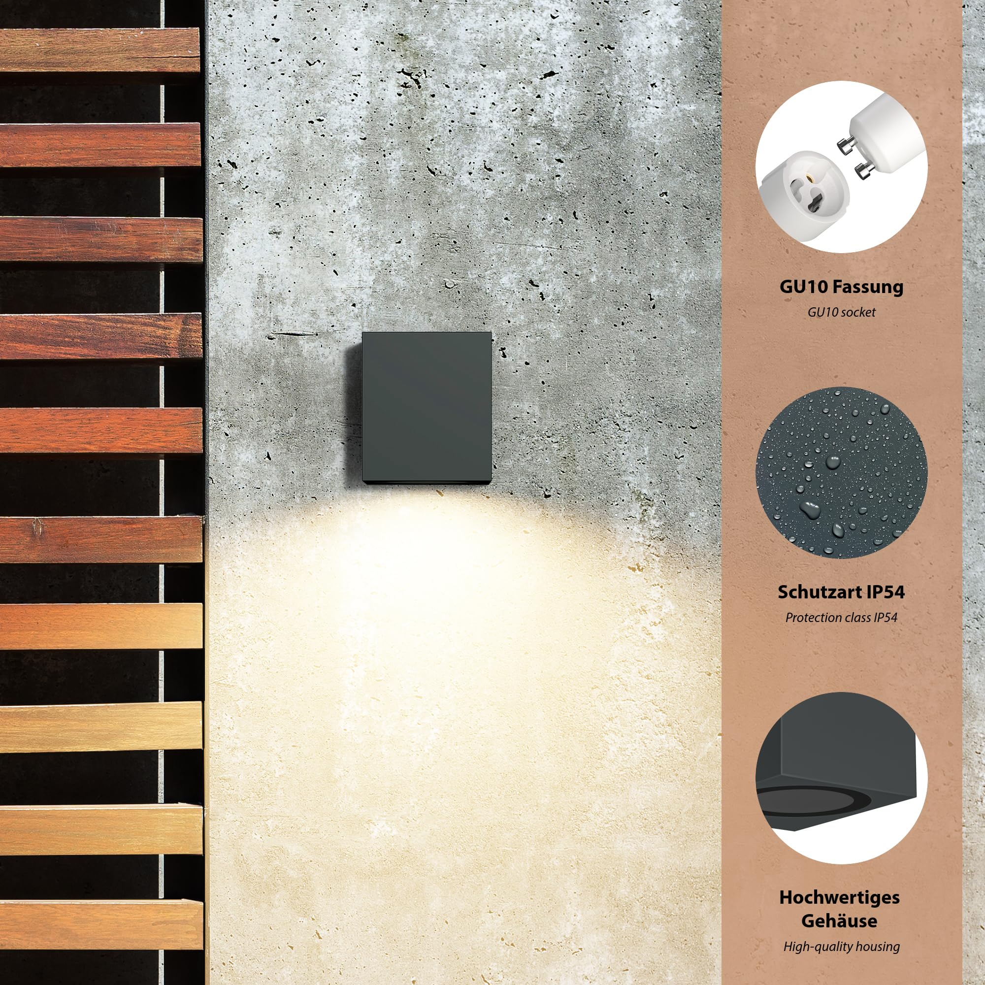 ledscom.de 8x Wandleuchte ALSE für außen, IP54, Downlight, anthrazit matt, eckig, 1x GU10 max. 35W