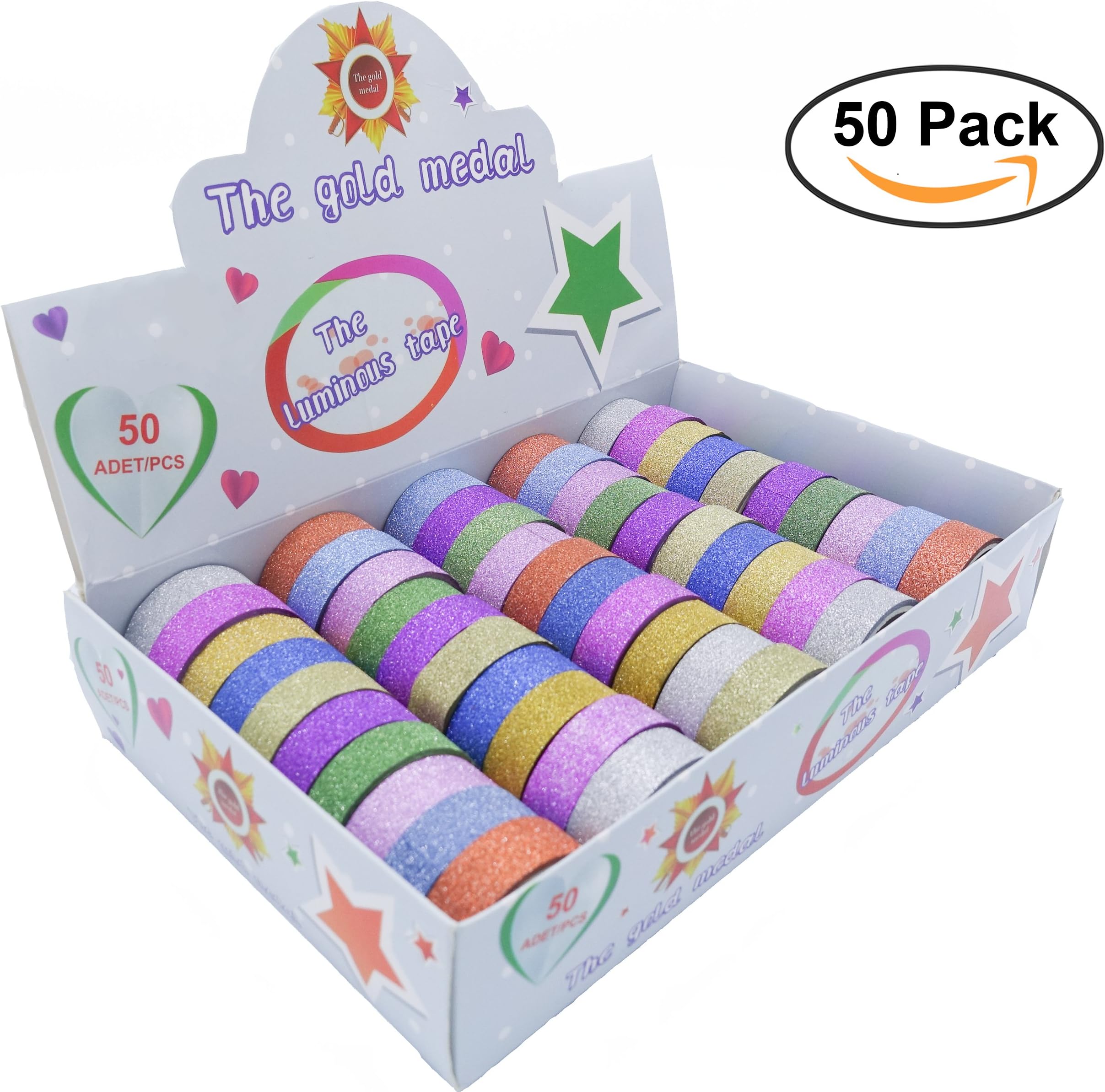 AVOLIVING Glitter Masking Washi Tape Set Decorative DIY Art Craft Scrapbooking Collection, Colorful Sticker Paper Design for Decoration GiftWrapping School Supplies Journal 50 Rolls