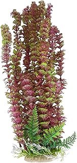 Green & Burgundy 16 Inch (41-43cm) Tall Plastic Aquarium Plant with Base, Fish Tank Foliage Ornament | Tall Plastic Seaweed Aquascaping Decoration
