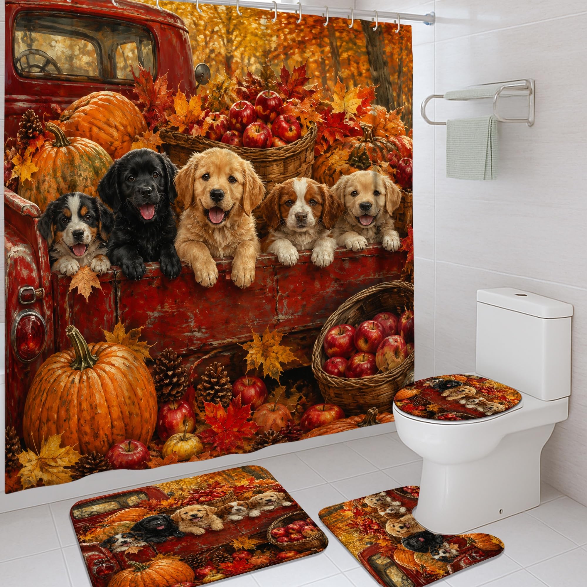 Rideau de douche rustique citrouilles et tapis orange d'automne lavable 183x183cm