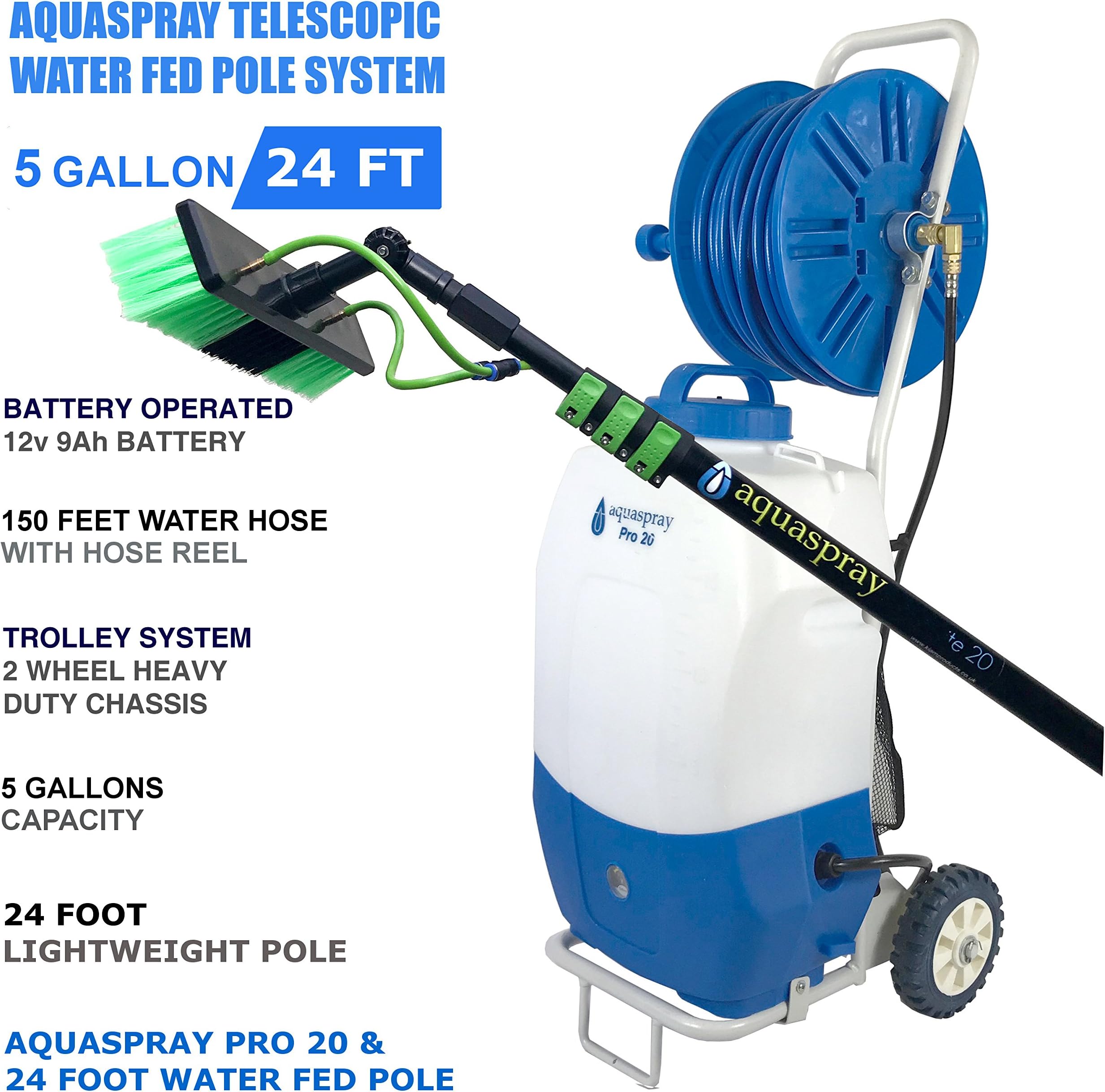 Portable Rolling 5.2 Gallon Water Tank with Pump and Water Fed Pole (TANK + 24 FT POLE)
