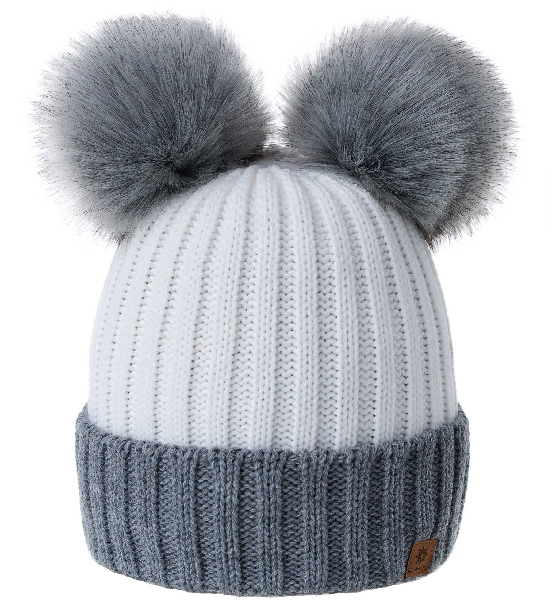 MFAZ Morefaz Ltd Women Ladies Winter Beanie Hat Knitted Chunky Beanie Hat with Double Faux Fur Pom Pom (Grey White)