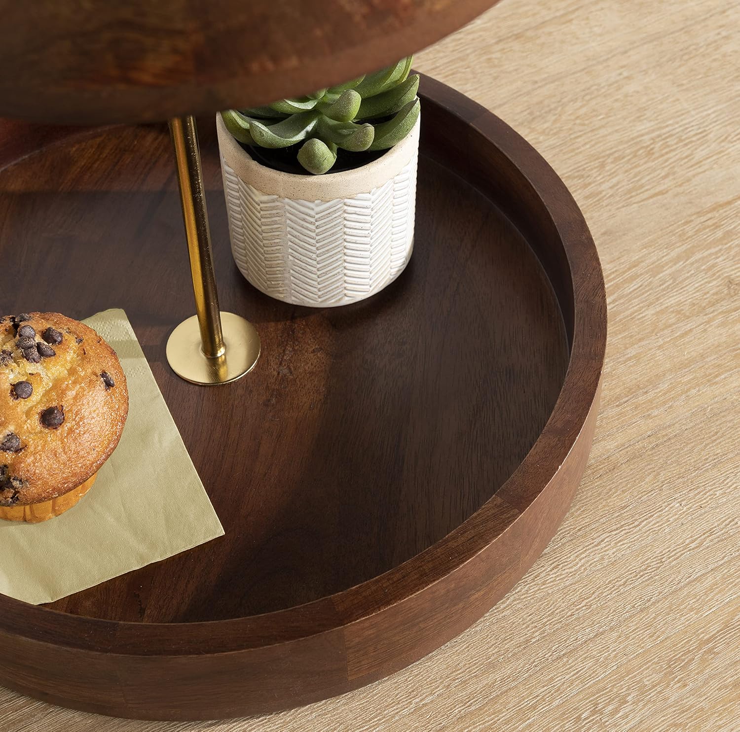 Kate and Laurel Lipton Modern Two Tier Tray, 13 x 13 x 20, Walnut Brown and Gold, Glam Decorative Tray